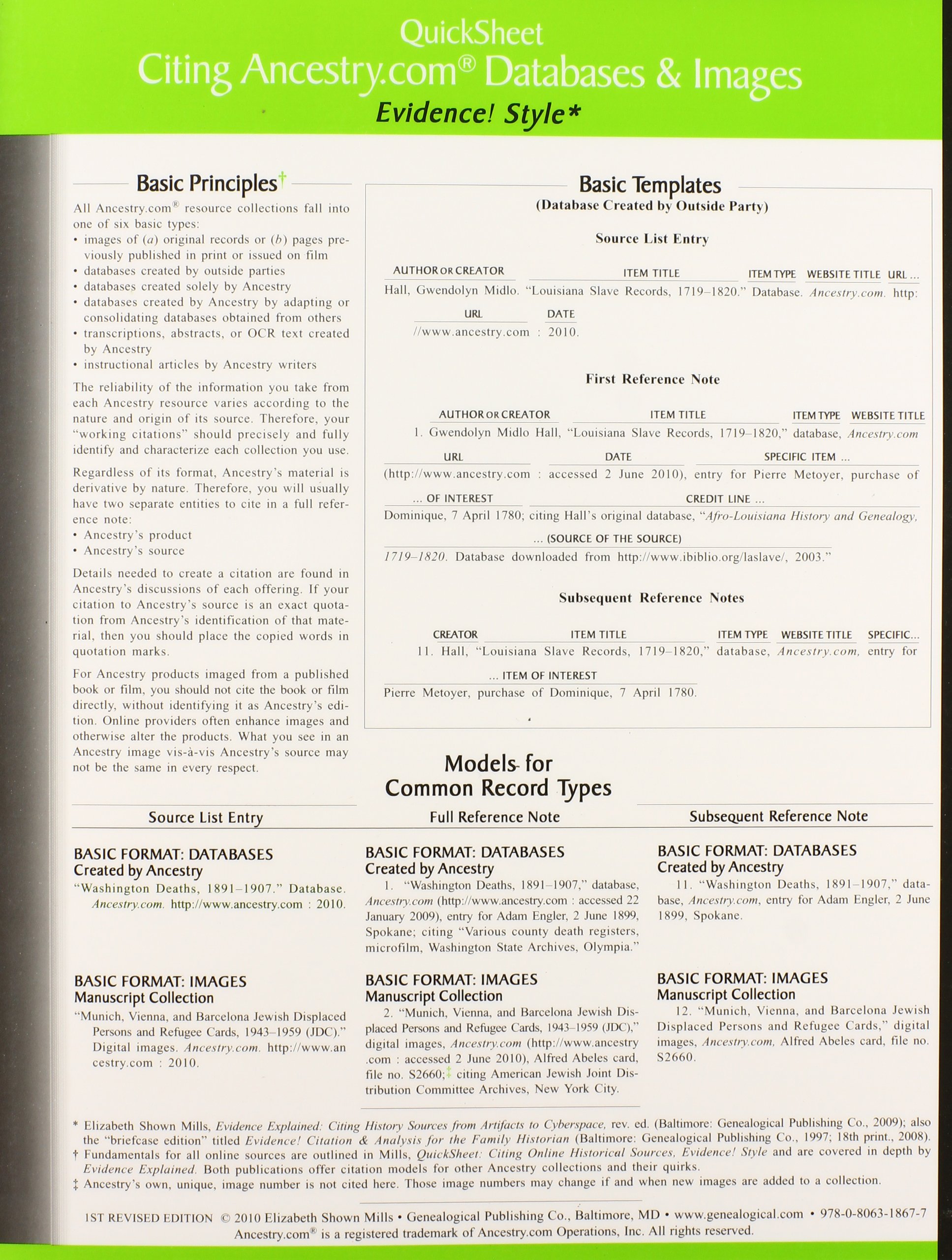 Quicksheet Citing Ancestry.com Databases & Images Cards – January 1, 2010