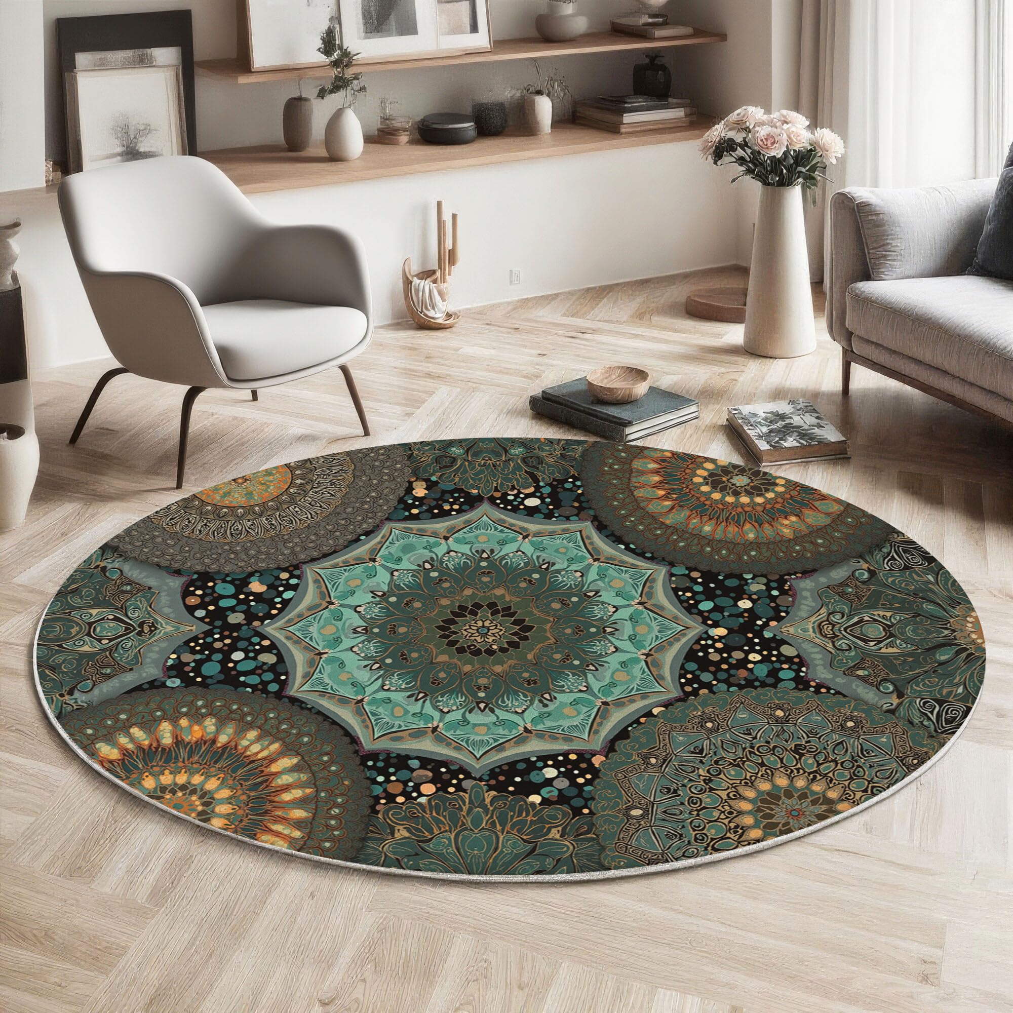 Tapis rond 120cm mandala vert foncé antidérapant et doux pour chambre d'enfant