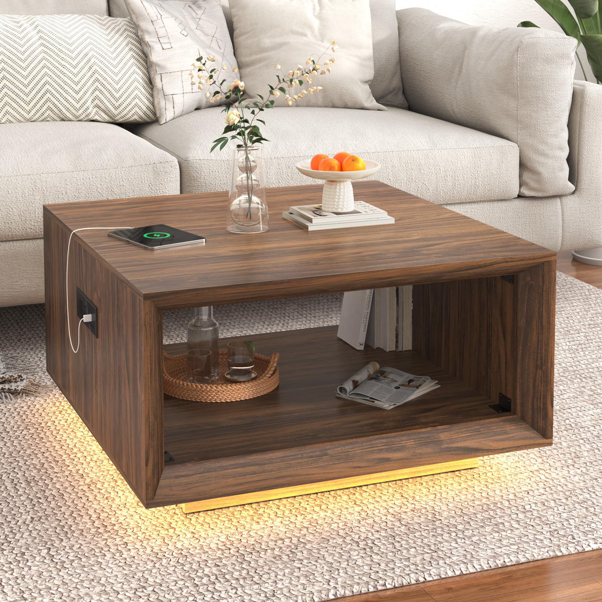 32 Mid Century Modern Coffee Table for Living Room Square Center Table with LED Light Power Outlet Cocktail