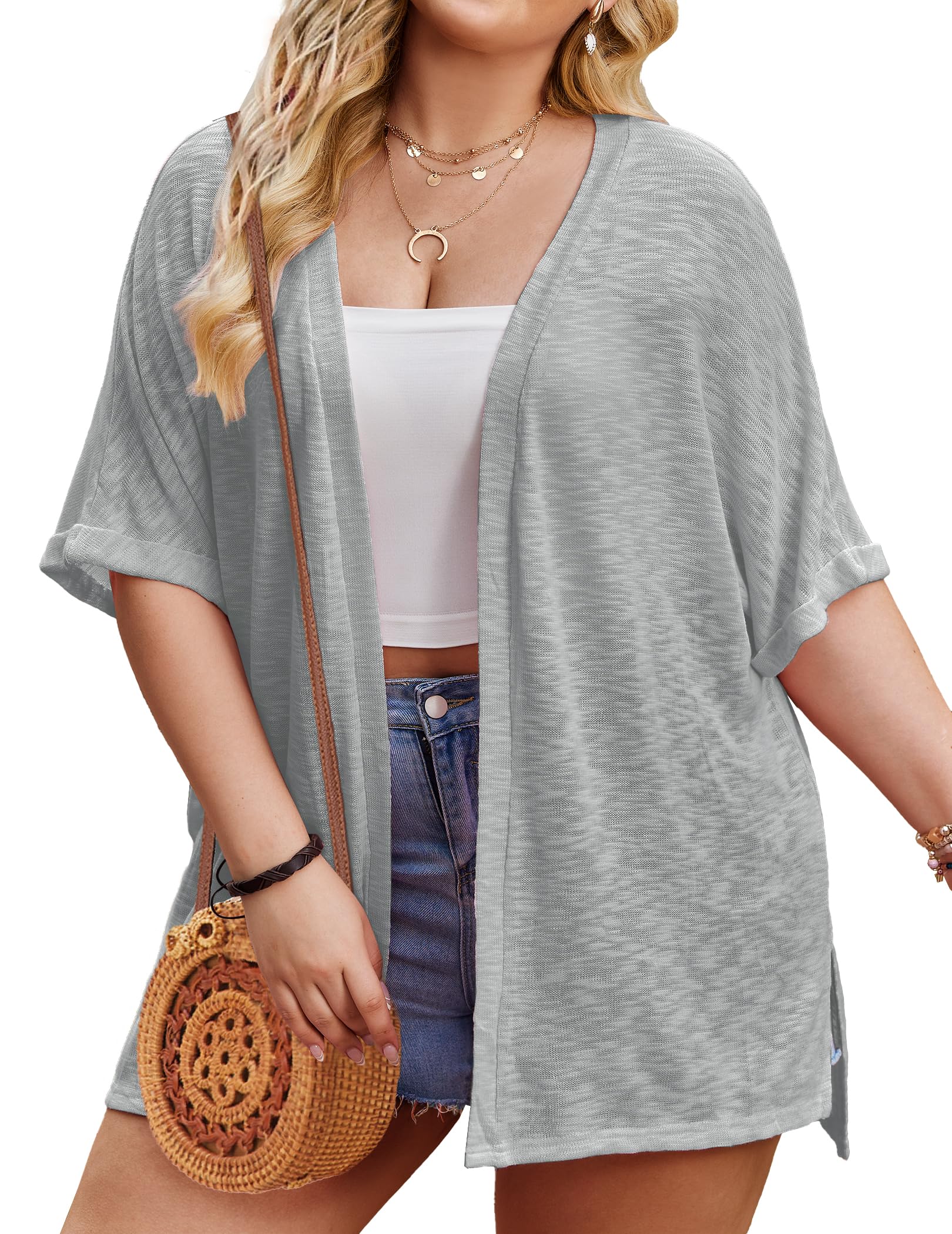 IN'VOLANDWomens Plus Size Lightweight Cardigan Open Front Short Sleeve Casual Loose Fit Beach Cover Up