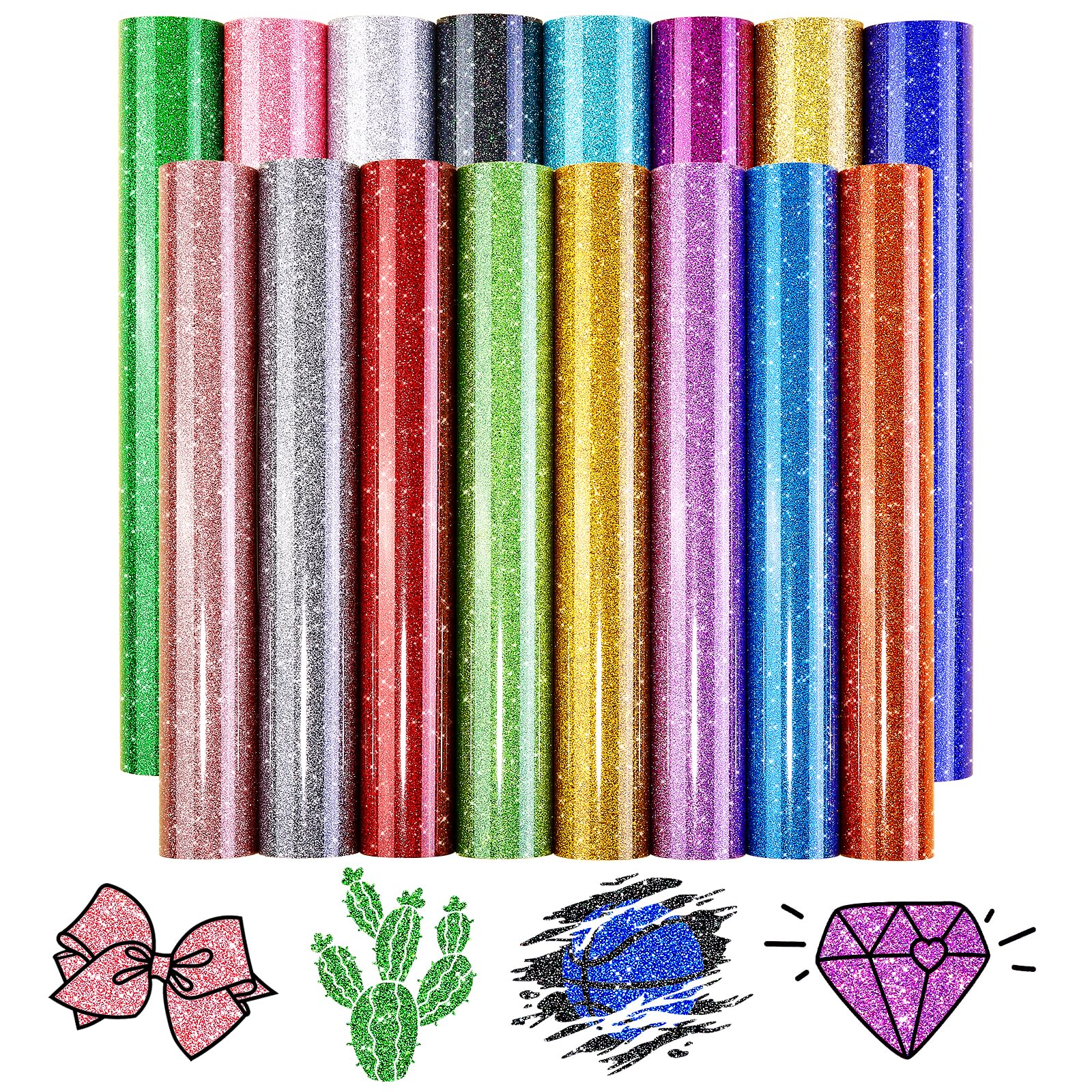 Tintnut Glitter HTV Heat Transfer Vinyl - 16 Sheets 12"X12" Colorful Glitter Heat Transfer Vinyl Shinny Glitter Iron On Vinyl for T-Shirts Glitter HTV Compatible with Cricut Or Sillhoutte Cameo