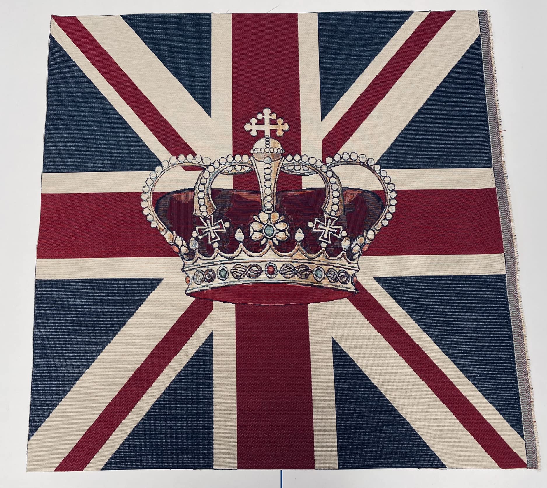 Lushfabric Red, Blue, White Uk Crown Union Jack Flag Retro Linen Look Heavy Jacquard Gobelin Upholstery Cotton Bag Cushion Panel Fabric Uk Banner 70X70cm
