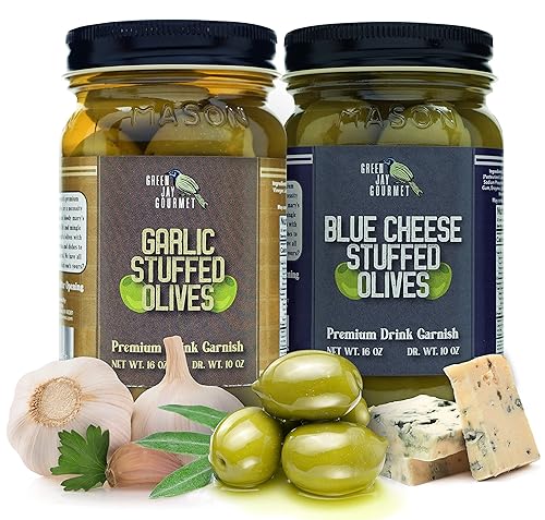 Vista 30 de Green Jay Gourmet Aceitunas rellenas de ajo - Aceitunas verdes rellenas para recetas de guarnición de cóctel y tabla de queso - Aceitunas de Martini