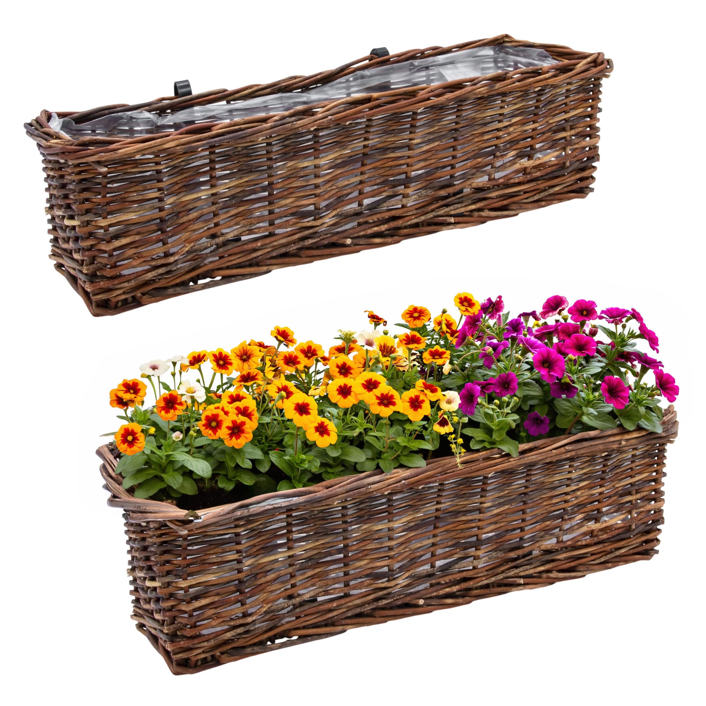 Spetebo Rattan skrzynka balkonowa, zestaw 2 szt., prostokątne, z folią, kolor naturalny, ciemne – 60 x 19 cm – rattanowa skrzynka na kwiaty z zawieszeniem na balustrady do 3,5 cm – skrzynka na rośliny