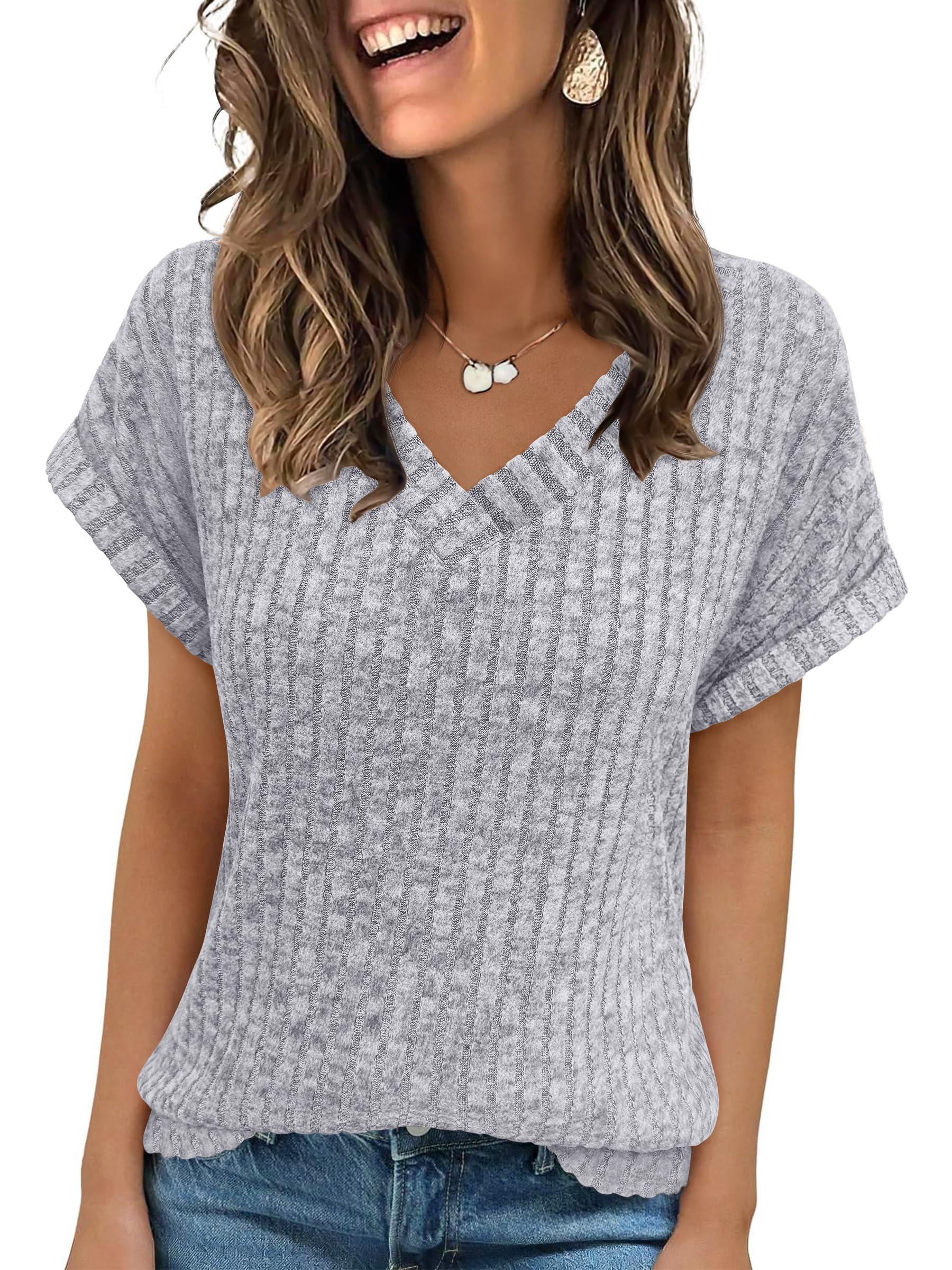 ANRABESS Women Tops Summer Sweaters Short Sleeve V Neck Shirts 2025 Spring Fashion Dressy Casual Business Tunic Blouses