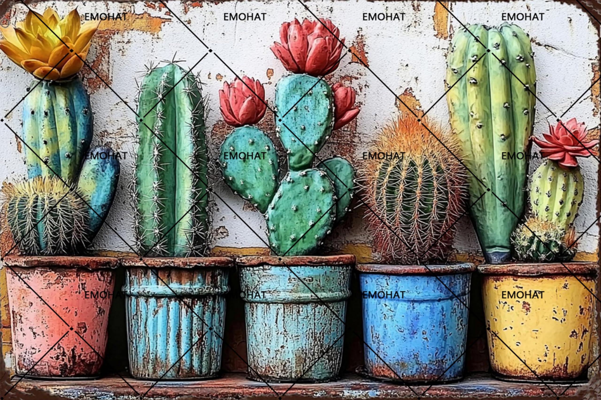 Cactus Plant Flower Metal Tin Sign, Vintage Gardening Wall Decor for Home & Yard, 16x12 Inch Retro Succulent Decor for Greenhouse Outdoor