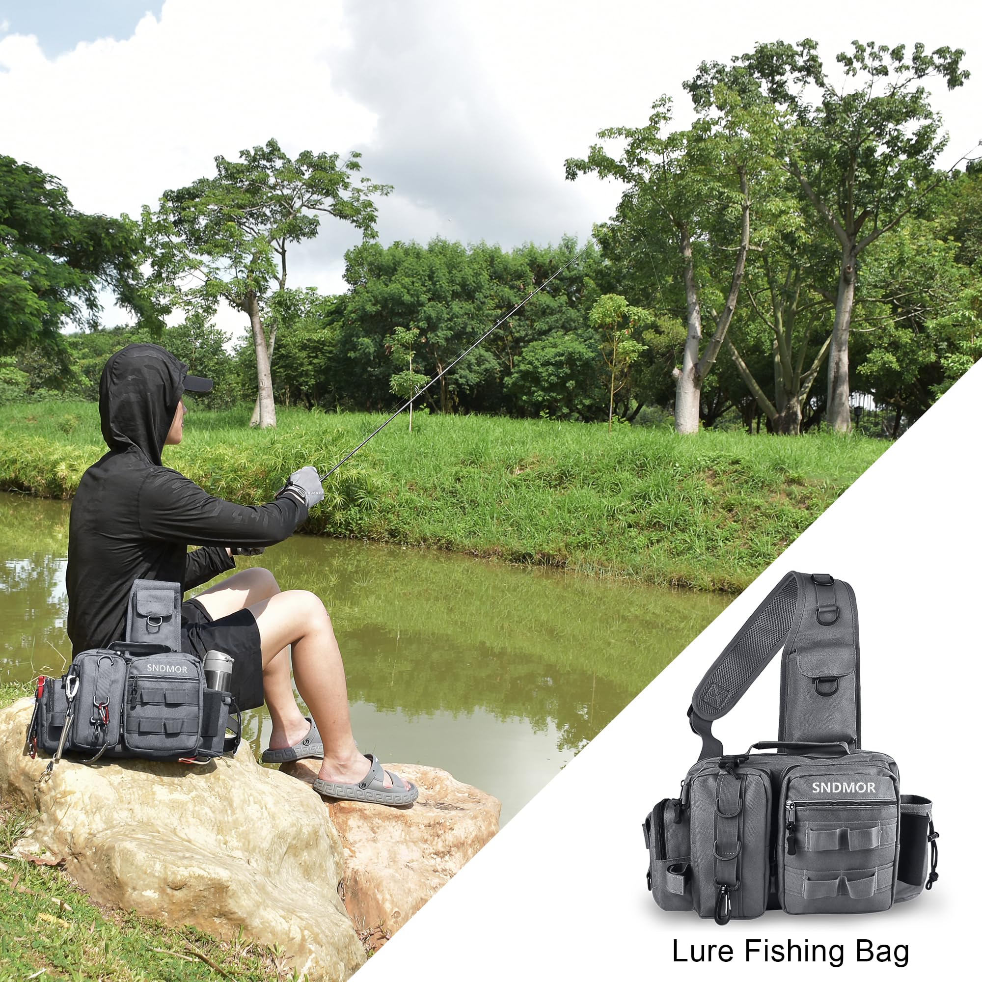 SNDMOR Borsa Pesca, Molteplici tasche Borsa Pesca Spinning, Durevole Borsa da Pesca, Messenger può essere Trasportato Zaino Pesca