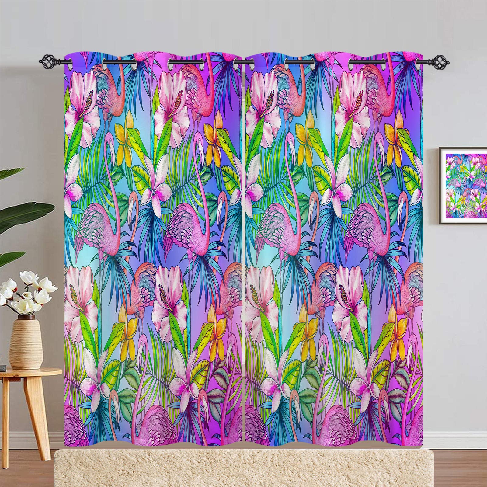 ANHOPE Flamingo Curtains Eyelet 80% Blackout Room Darkening Curtains with Neon Tropical Botanical Flower Print Pattern Light Blocking Window Drapes for Bedroom Living Room 46 x 90 Inch Drop 2 Panels