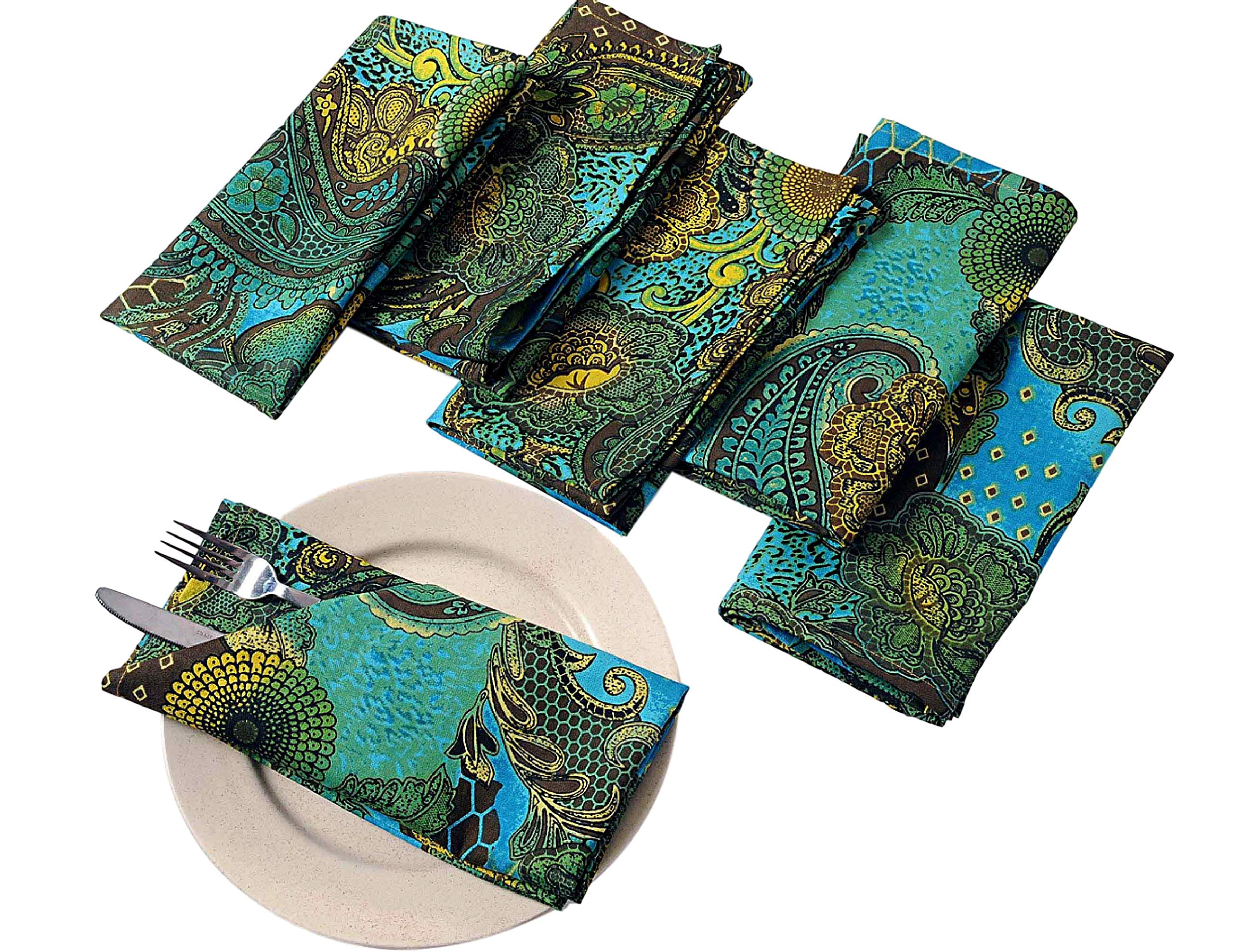 Cotton Napkins Set of 6; Colorful Green Yellow Blue Floral Print; Table Linens Spring Decorations