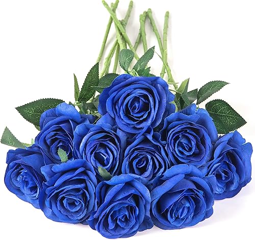 Miniatura 3 de Flojery 10 rosas artificiales de seda de color azul real, tallo largo para bricolaje, ramo de boda, mesa, centro de mesa, decoración del hogar (azul