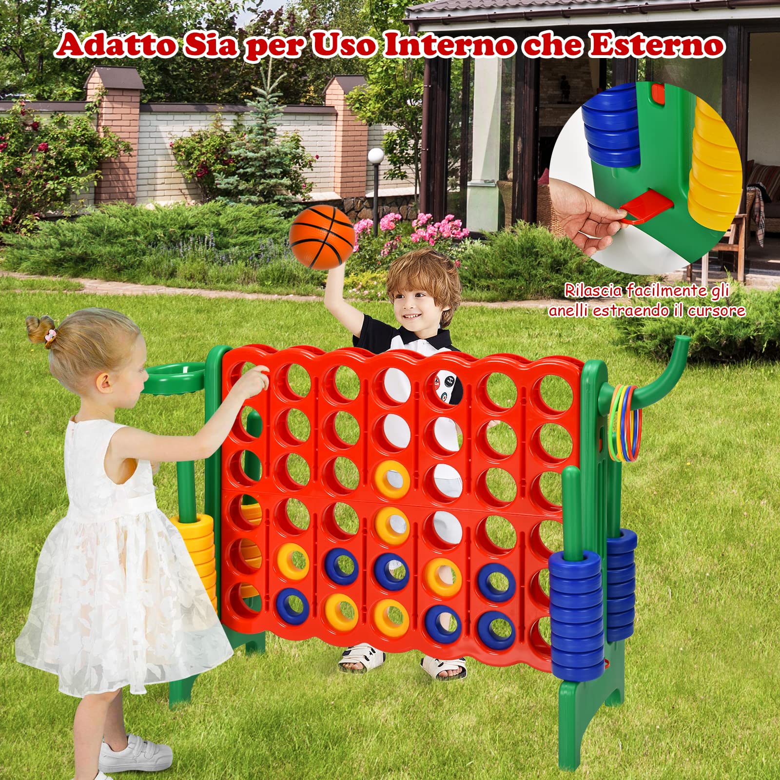GYMAX Gioco Forza 4 Gigante 3 in 1, Anelli di Lancio, Canestro e Pallacanestro, per Bambini e Adulti, 84 x 33 x 74 cm (Verde)