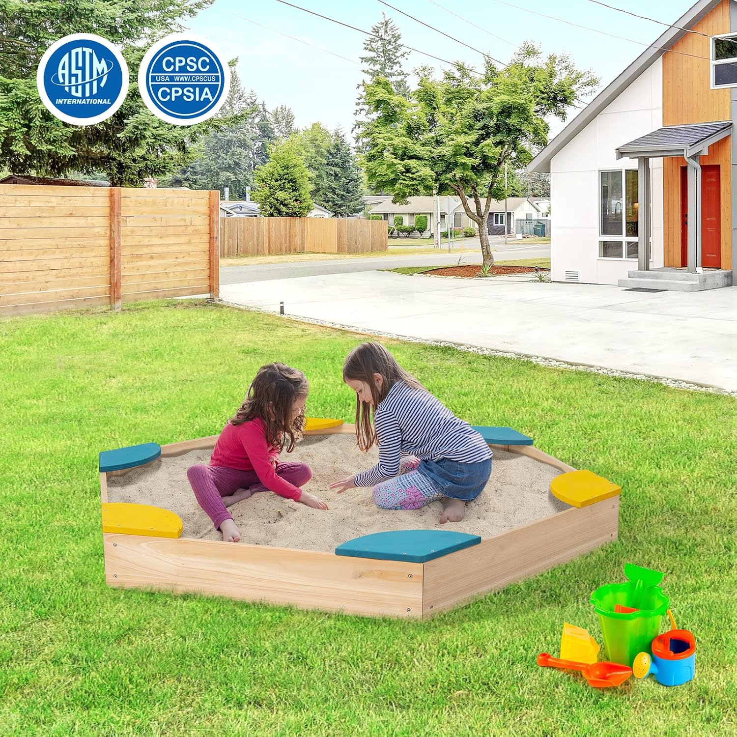 HONEY JOY Kids Sandbox, Cedar Bottomless Sand Pit for Backyard Deck Patio Lawn, 6 Corner Seats, Hexagon Wood Sand Boxes for Kids Outdoor, Gift for Boys Girls 3+, Natural