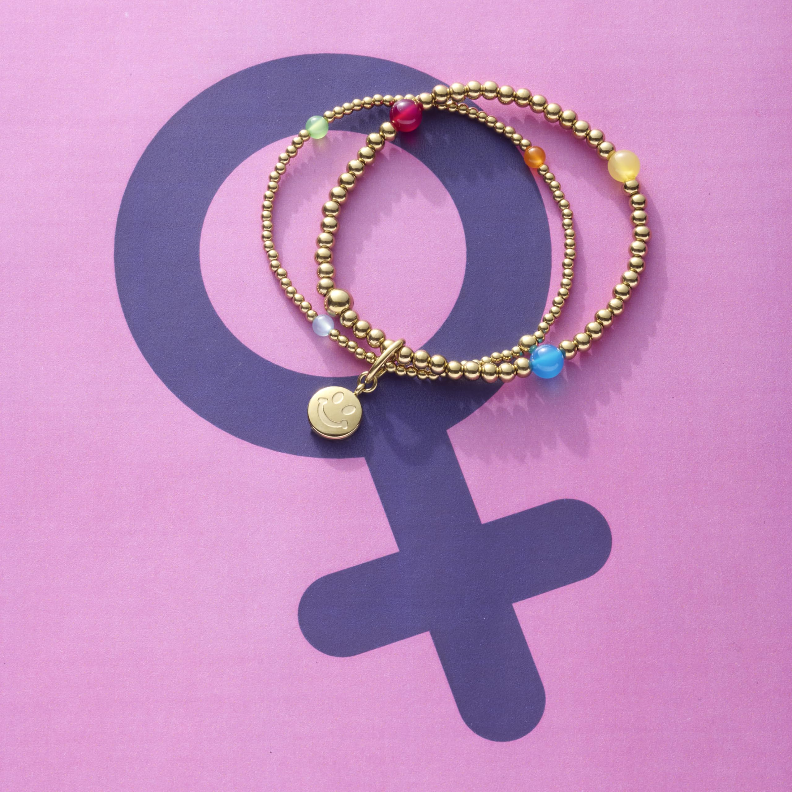 JEWELS BY LEONARDO Armband Clip & Mix Smile • elastische Arm-Kette ausgoldfarbenem Edelstahl • doppelreihig aufgefädelte Perlen durchbrochen von bunten Achat-Perlen • 19,5 cm Länge • Damen • 023750