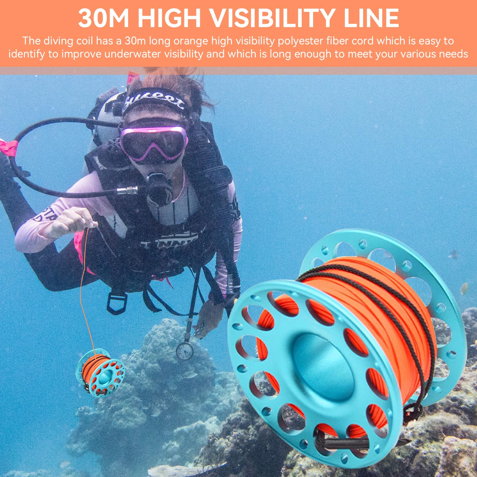 Mulinello Subacqueo 30 metri, Bobina da Dito con Doppio Moschettone E Sagola per Immersioni(Blu)