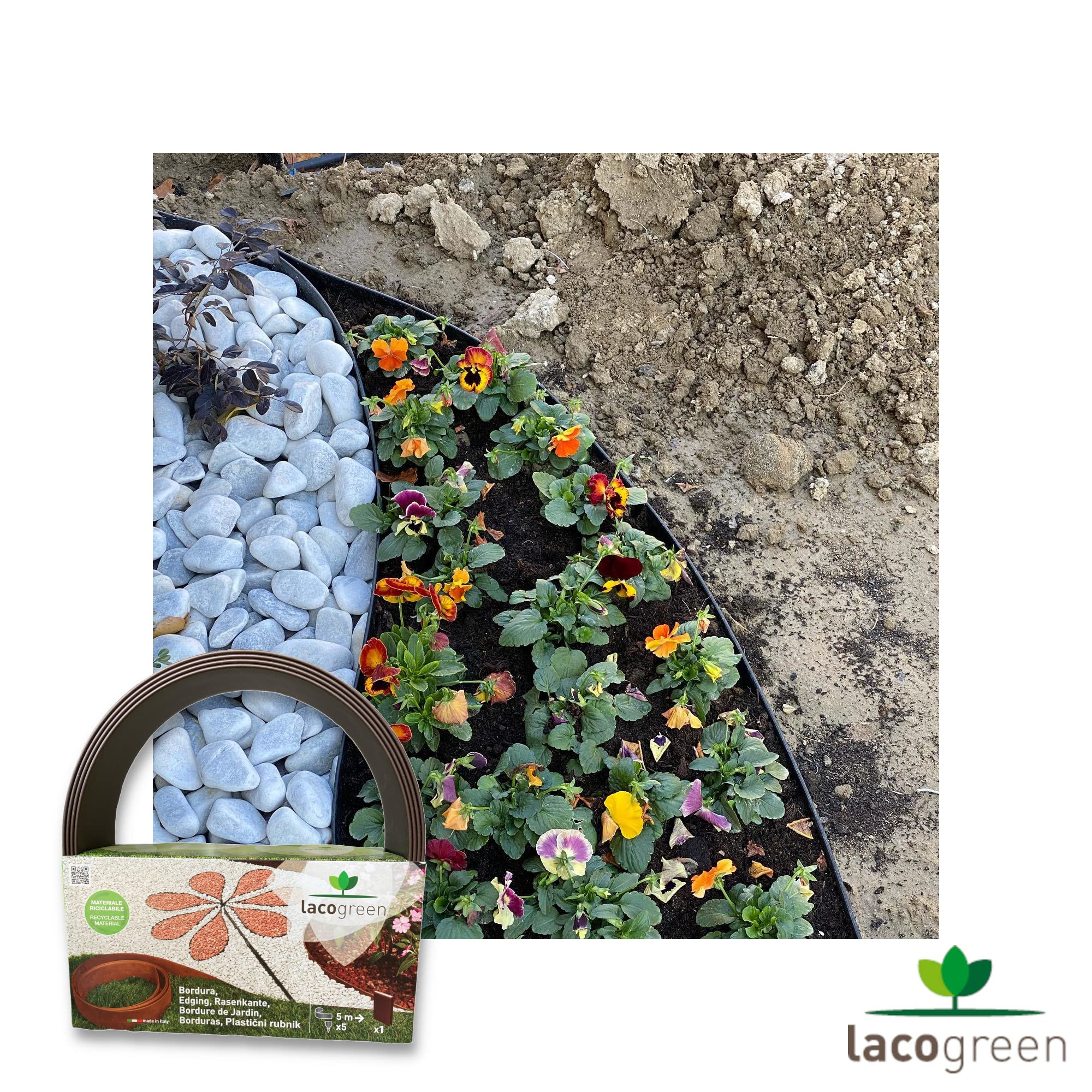 Bordura Flessibile per Aiuole Giardino Lunghezza 5mt Altezza 12cm e 5 picchetti (Marrone)