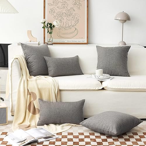 Miniatura 3 de Home Brilliant Juego de 2 fundas de almohada decorativas de lino de arpillera, fundas de almohada para sofá, 24 x 24 pulgadas, color gris oscuro
