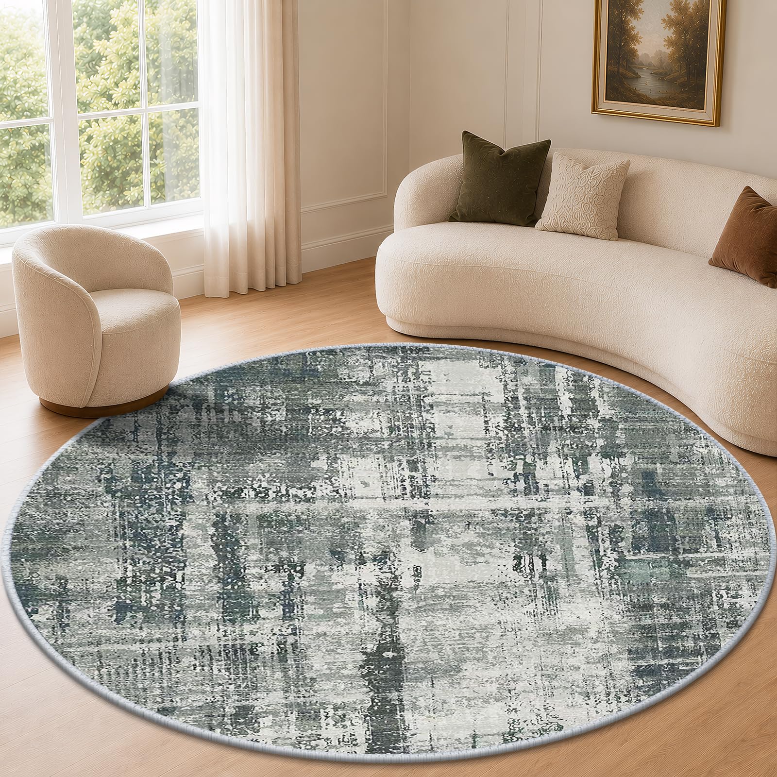 JOYARR Round Rug, Washable Non-Slip Low Pile 150cm, Black Grey