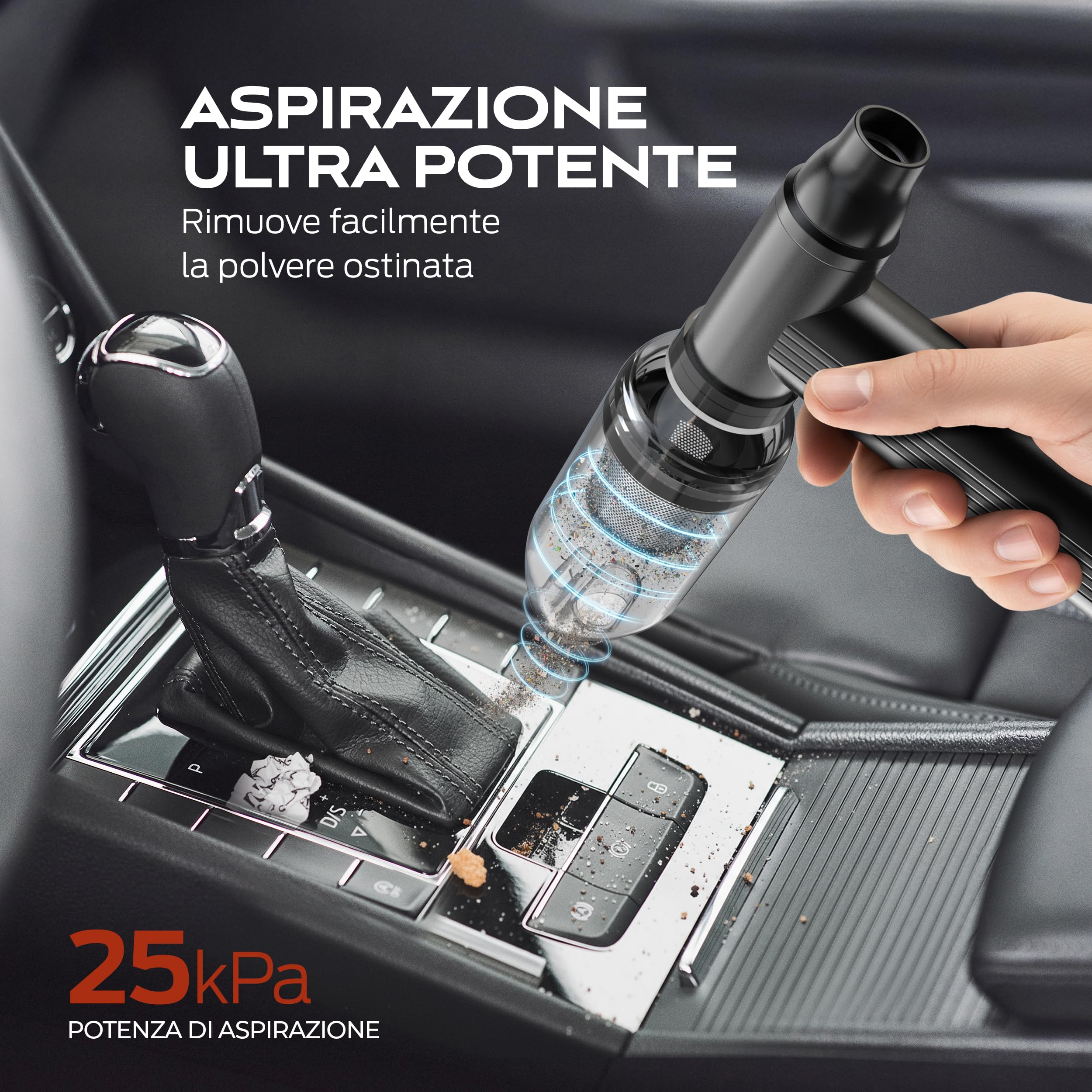 PORTENTUM 2 in 1 Mini Aspirabriciole senza fili 25 kPa – Batteria 10000 mAh fino a 135 min USB-C – Aria compressa elettrico 180 km/h brushless – Aspirapolvere auto a velocità regolabile – Set da 11