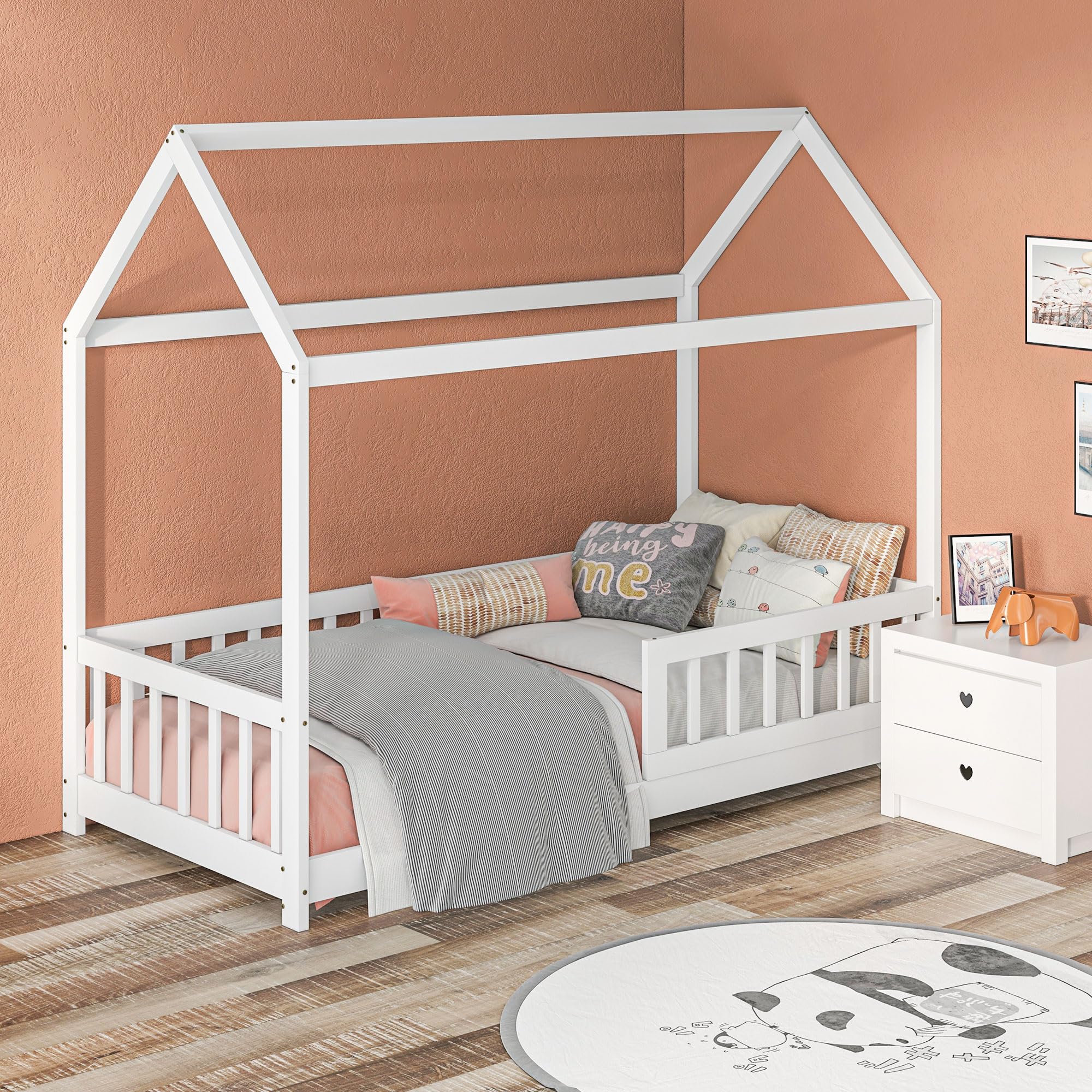 HOMCOM Toddler Bed Kids Single Bed Frame House-Shaped Guard Rails White