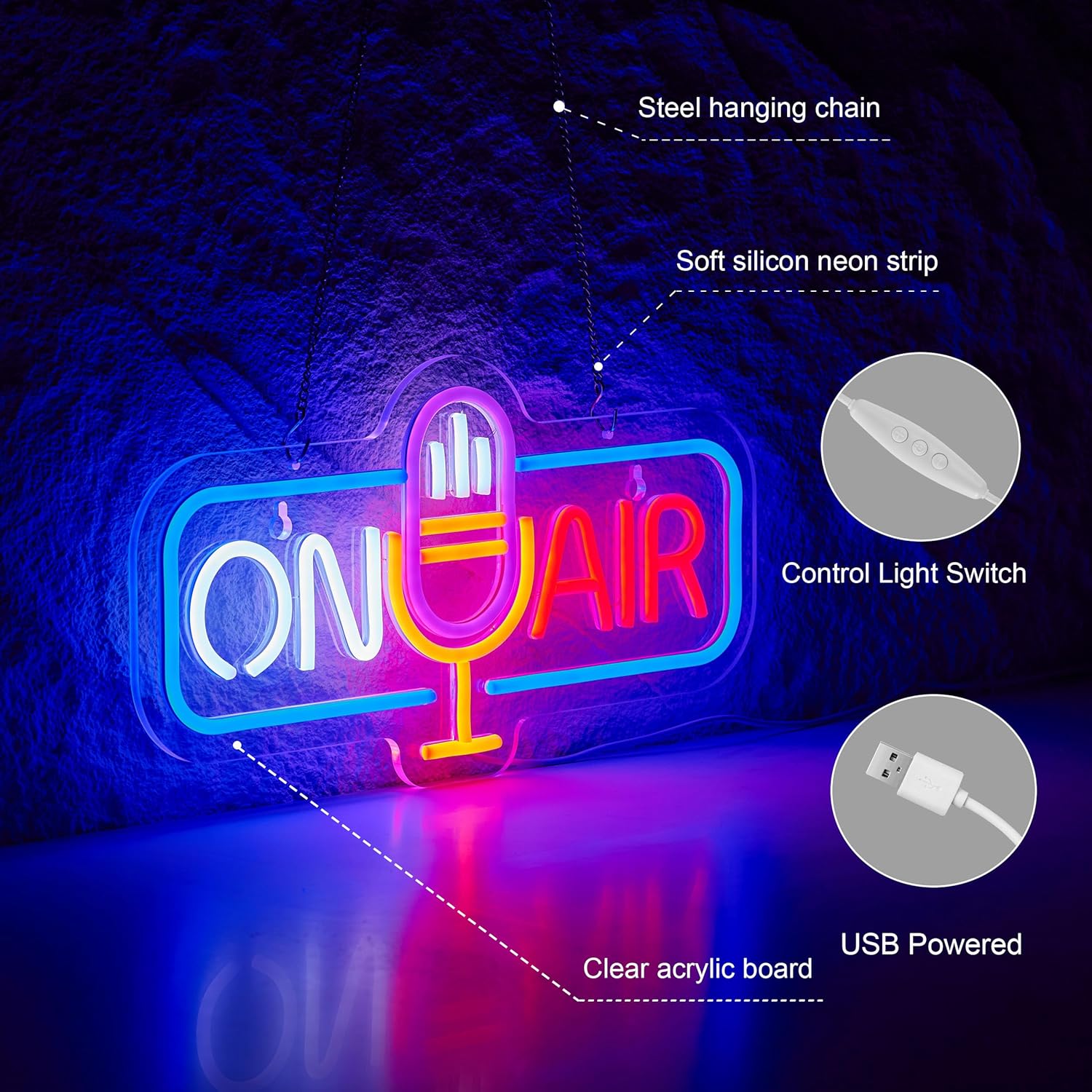 Roouneon On Air Neon Sign for Wall Decor Recording Light Signs Beer Bar Home Bedroom Man Cave Neon Light with Dimmable Switch LED Artwork Décor