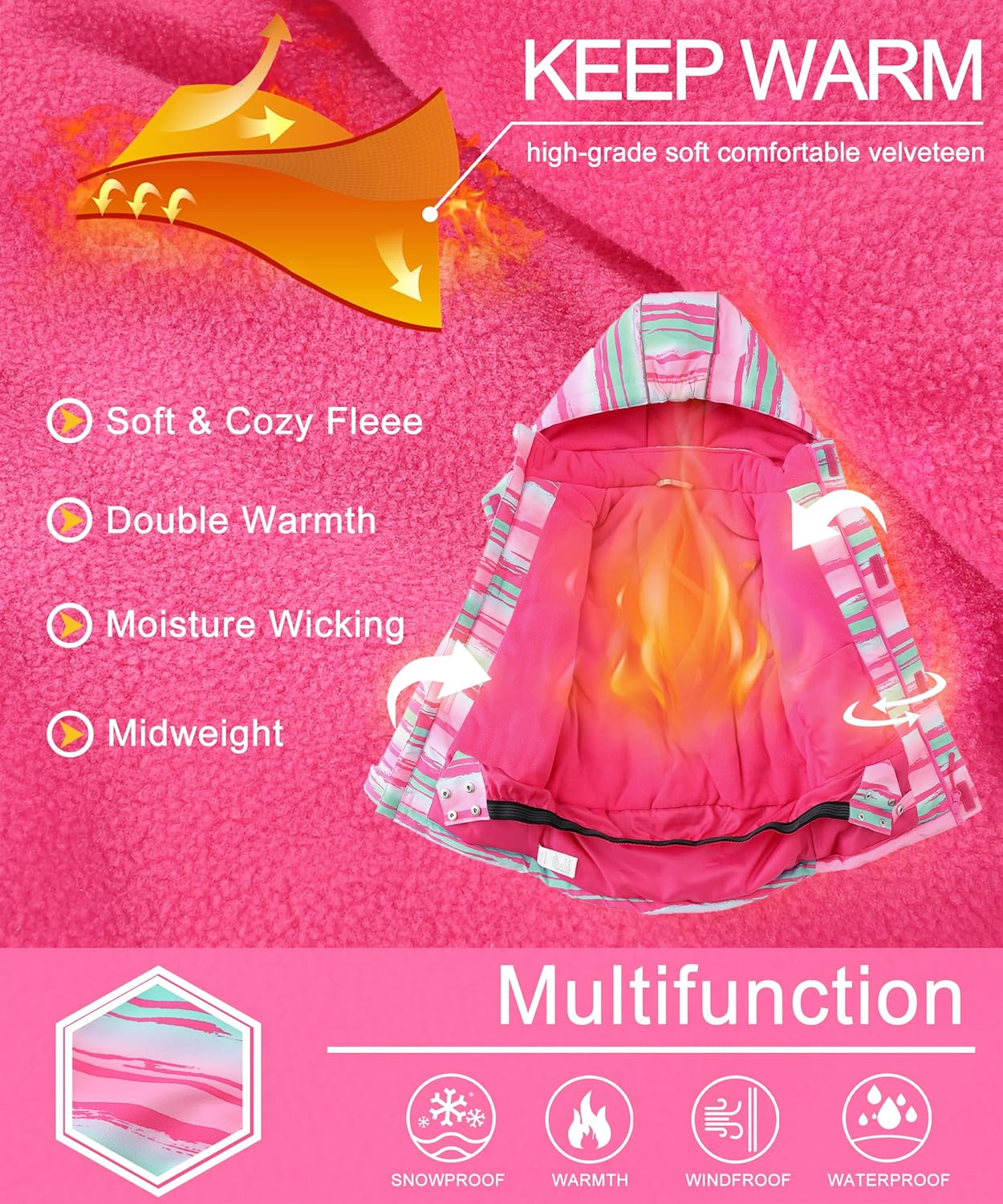 M2C Girls Thicken Warm Hooded Striped Ski Snowsuit Jacket & Pants - Image 6