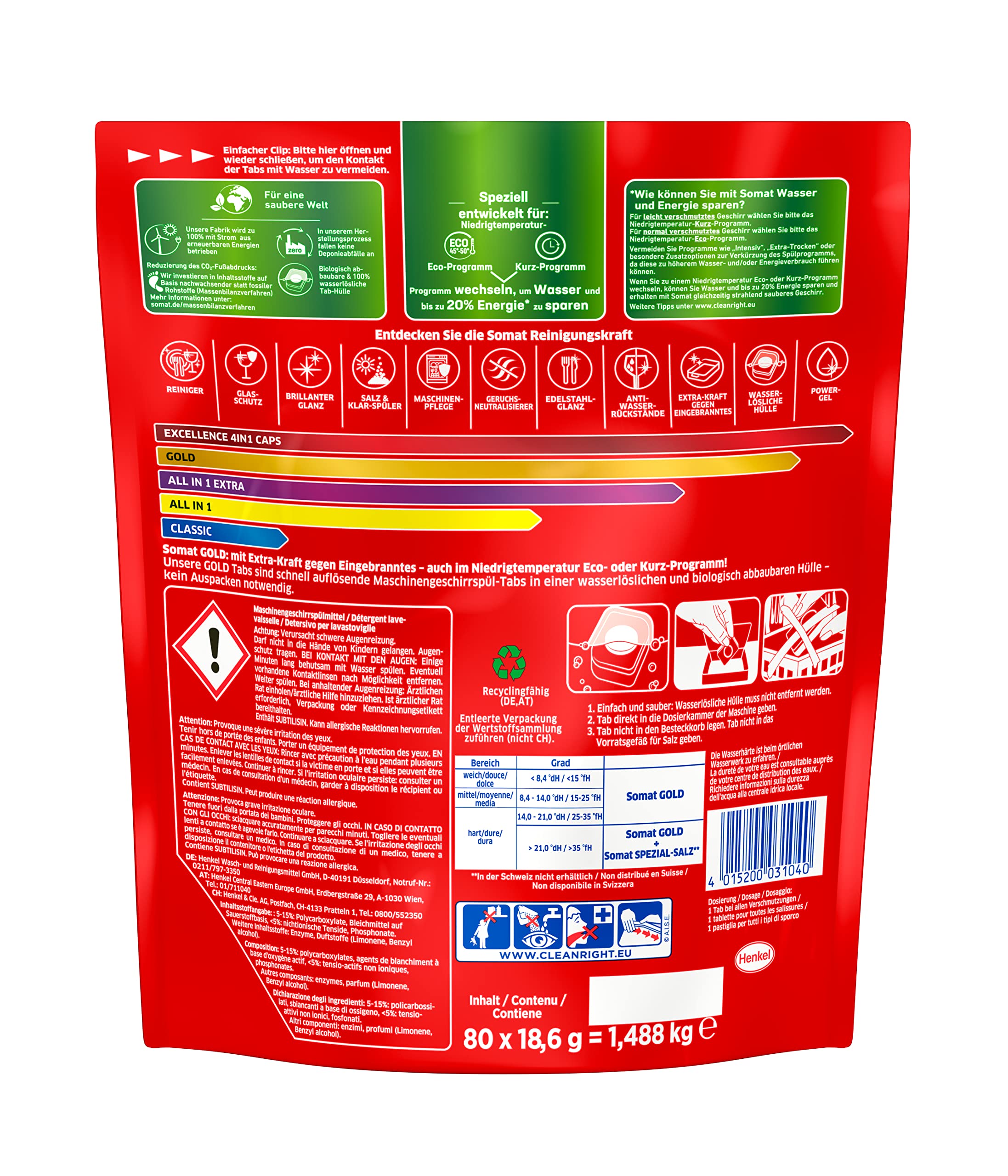 Somat Gold Lavastoviglie Tabs (4 x 80 schede), lavelli piatti per piatti luminosi e puliti anche a basse temperature, extra forza contro i bruciati