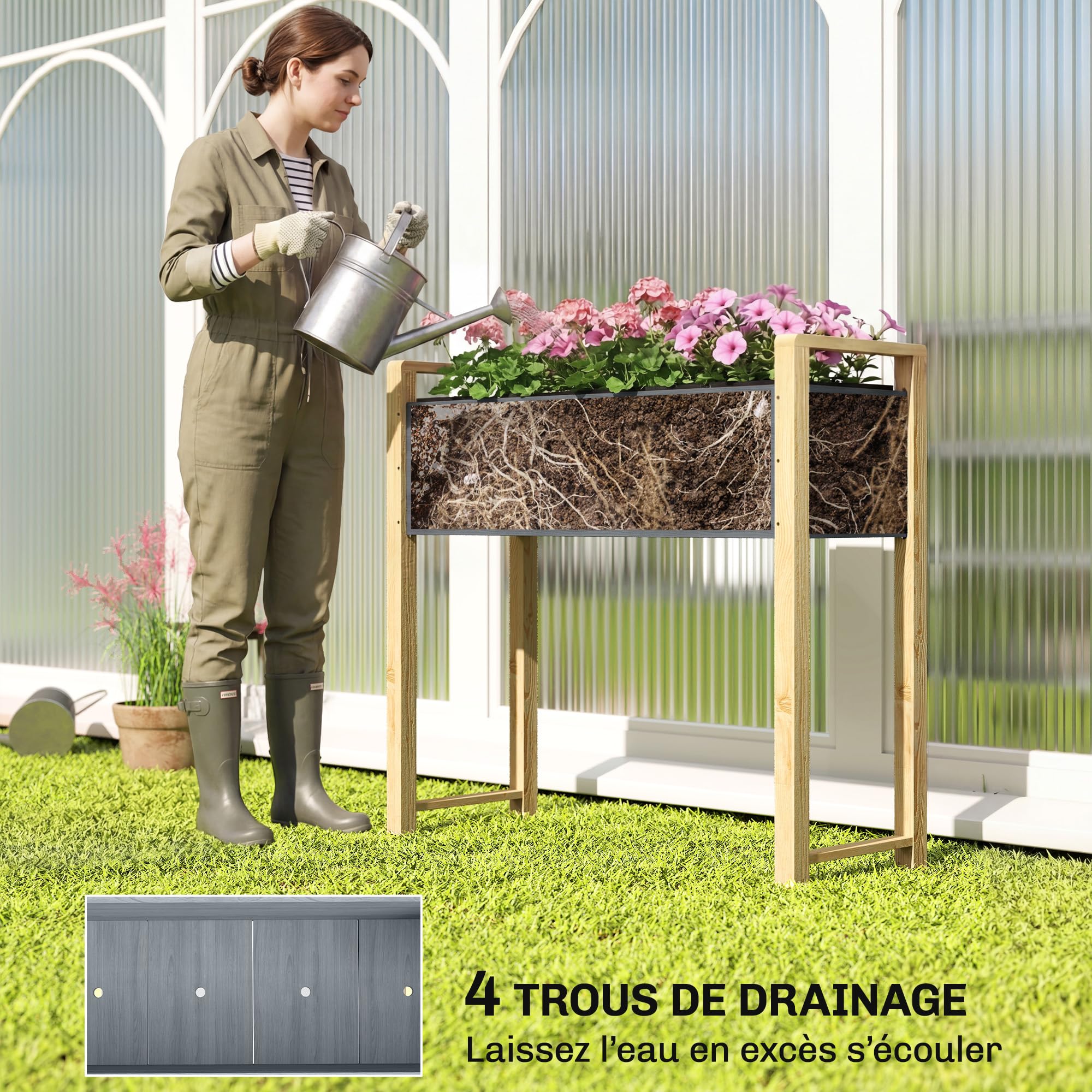 Outsunny Carré Potager avec Pieds en Bois Surélevé 98 x 37 x 90 cm Gris | Jardinière Extérieure, Grande Taille, 4 Trous de Drainage, Tissu Non Tissé, pour Légumes, Fleurs