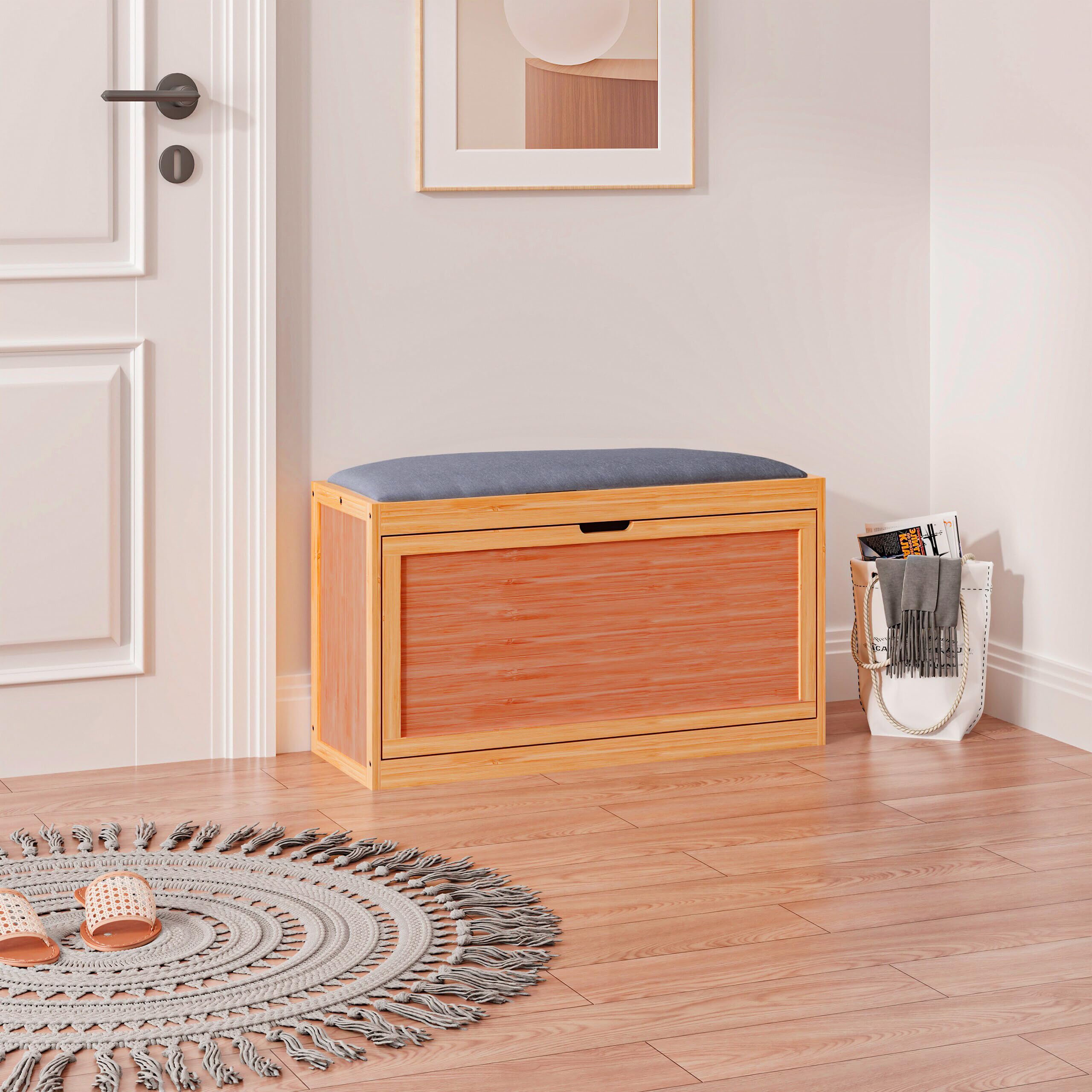 Relaxdays Panca con Scarpiera da Ingresso o Camera da Letto, bambù, 2 Scomparti, HLP 49x80x30 cm, Naturale Grigio
