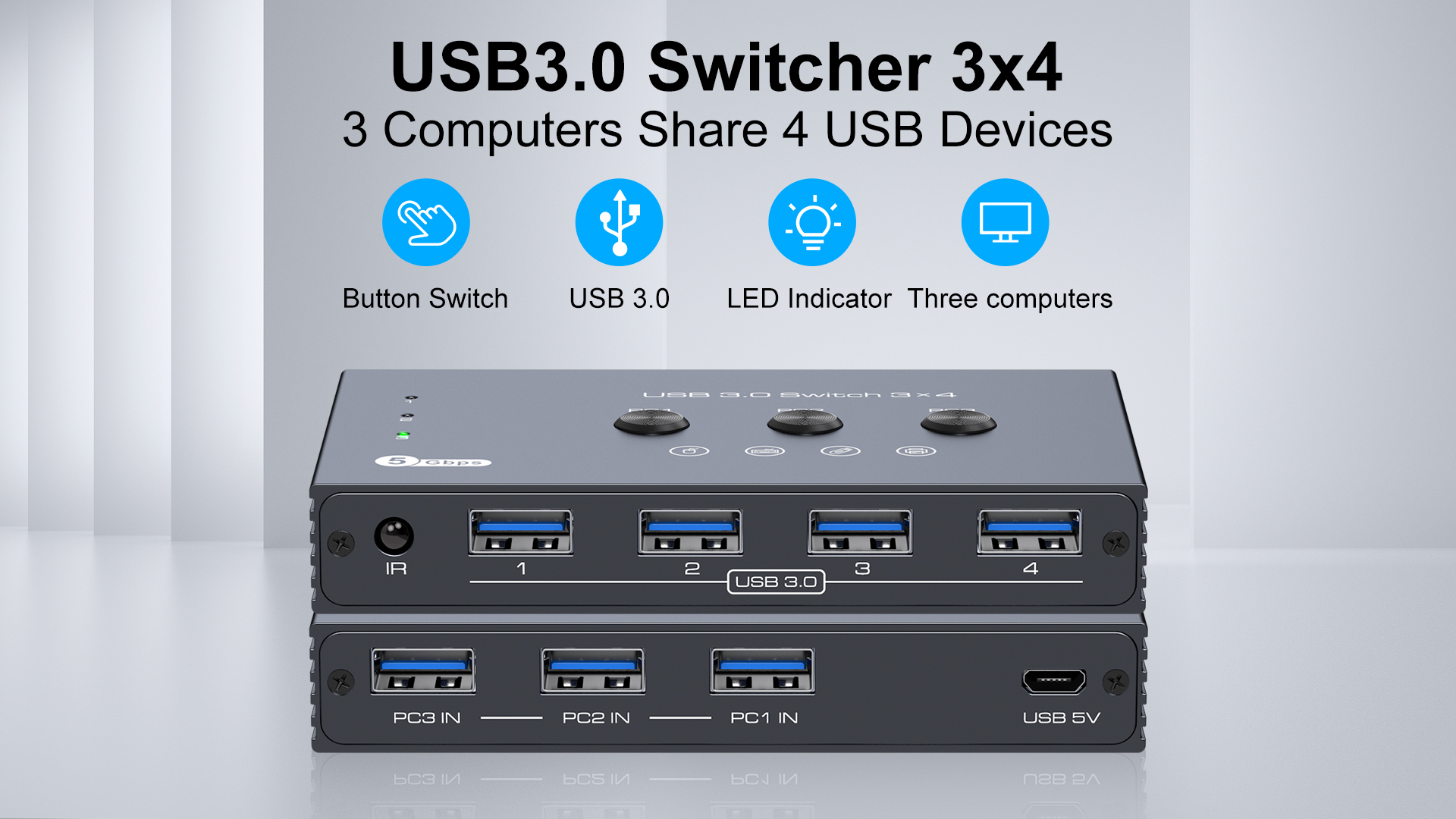 Image of THXCDBID USB 3.0 Switch 3 Computers Sharing 4 USB-A Port USB Switch Selector 5Gbps Sharing Keyboard Mouse Printer Scanner Includes 3 USB 3.0 Input Cables and IR Remote Control