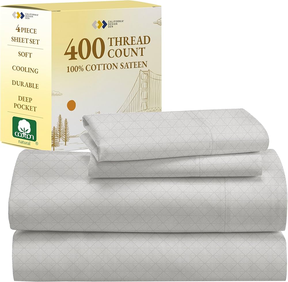 California Design Den 100% Cotton King Bed Sheet Set - 400 Thread Count Deep Pocket King Size Sheets & Pillowcase Set (Taupish-Sage Crosshatch)