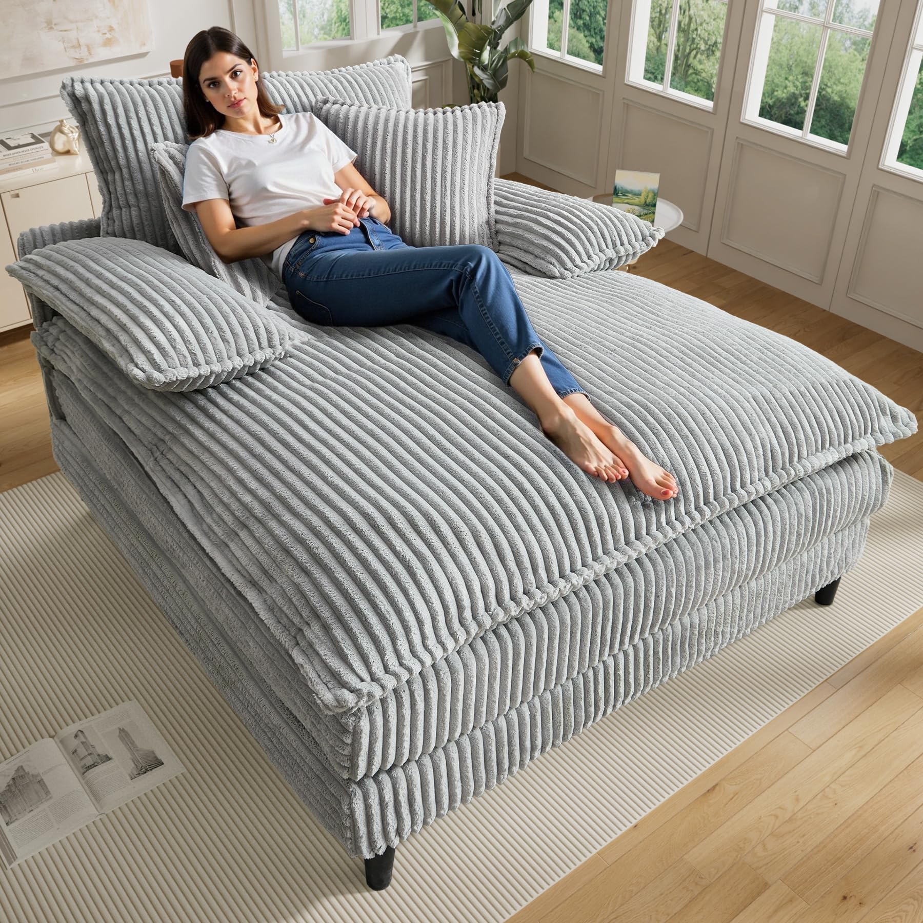 Rophefx 54.04" W Oversized Chaise Lounge Chair Indoor, Corduroy Upholstered Sofa Couch with 3 Pillows, 90°-180°Adjust, Fluffy Cloud Reading Chair,