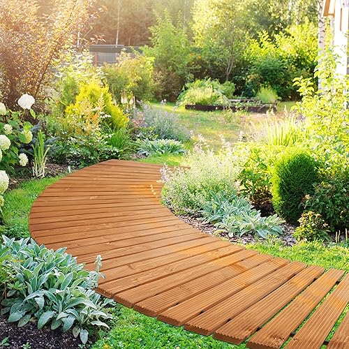 Miniatura 9 de Spurgehom Camino de jardín de madera de 8 pies, pasarela curvada para exteriores, camino de suelo de cedro, camino decorativo para césped, patio,
