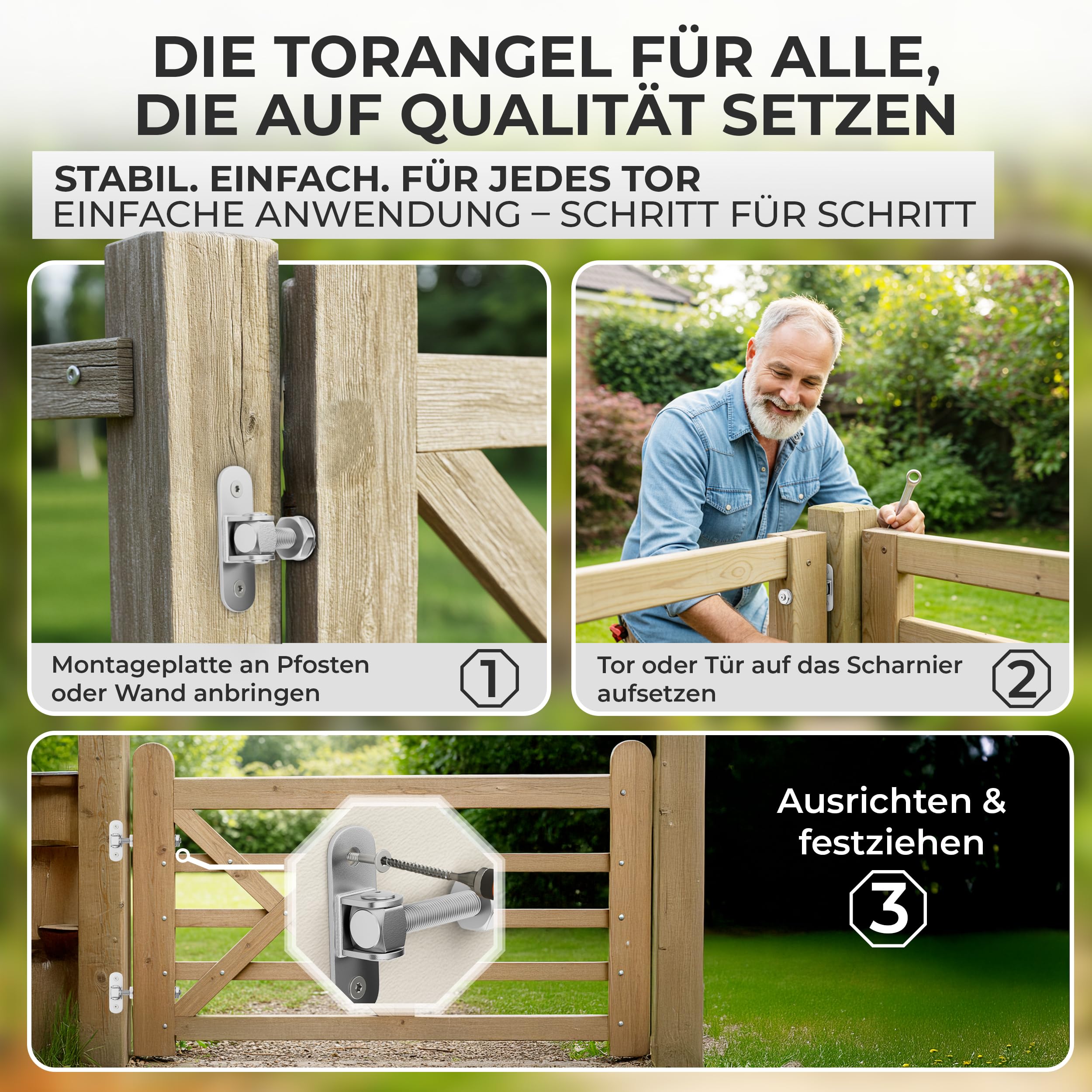 2er Set Einstellbares Torscharnière M12 (115 mm) Torangel Schwerlast Verzinkt mit Inkl. 4 selbstbohrende Schrauben für Holz & Metall mit Warentest Note 1,2 Für Gartentor Hoftor & Zauntor