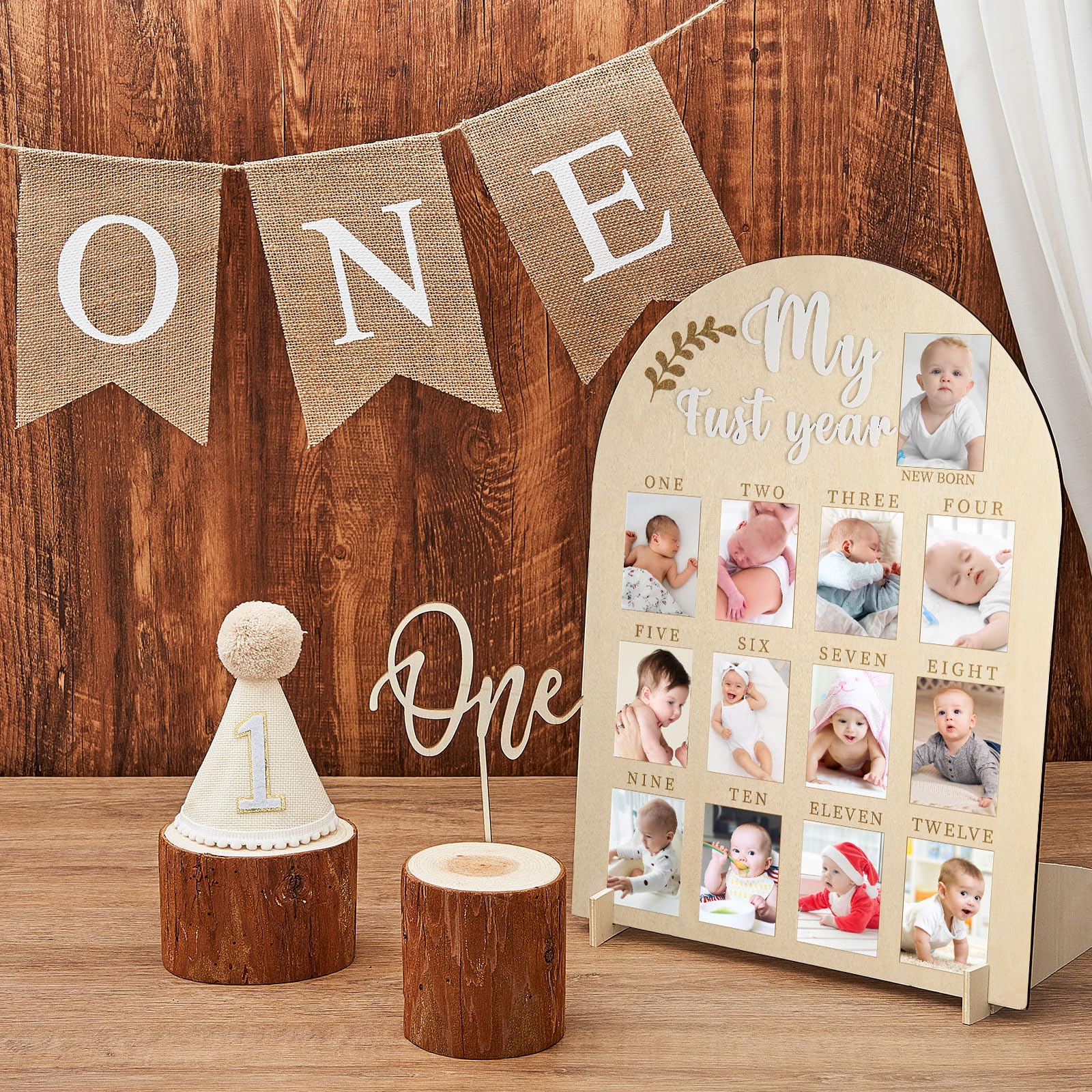 4 Pcs My First Year Photo Board for 2 x 3 Inch Photo 1st Birthday Wood Display Sign 12 Month Milestone Picture Frame High Chair Banner Cone Hat One Cake Topper One Year Birthday Decor Gift for Newborn