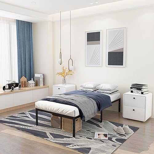 Miniatura 4 de Bastidores de cama individual XL de 18 pulgadas, no necesita somier, soporte de listones de acero resistente de 2500 libras, marco de cama