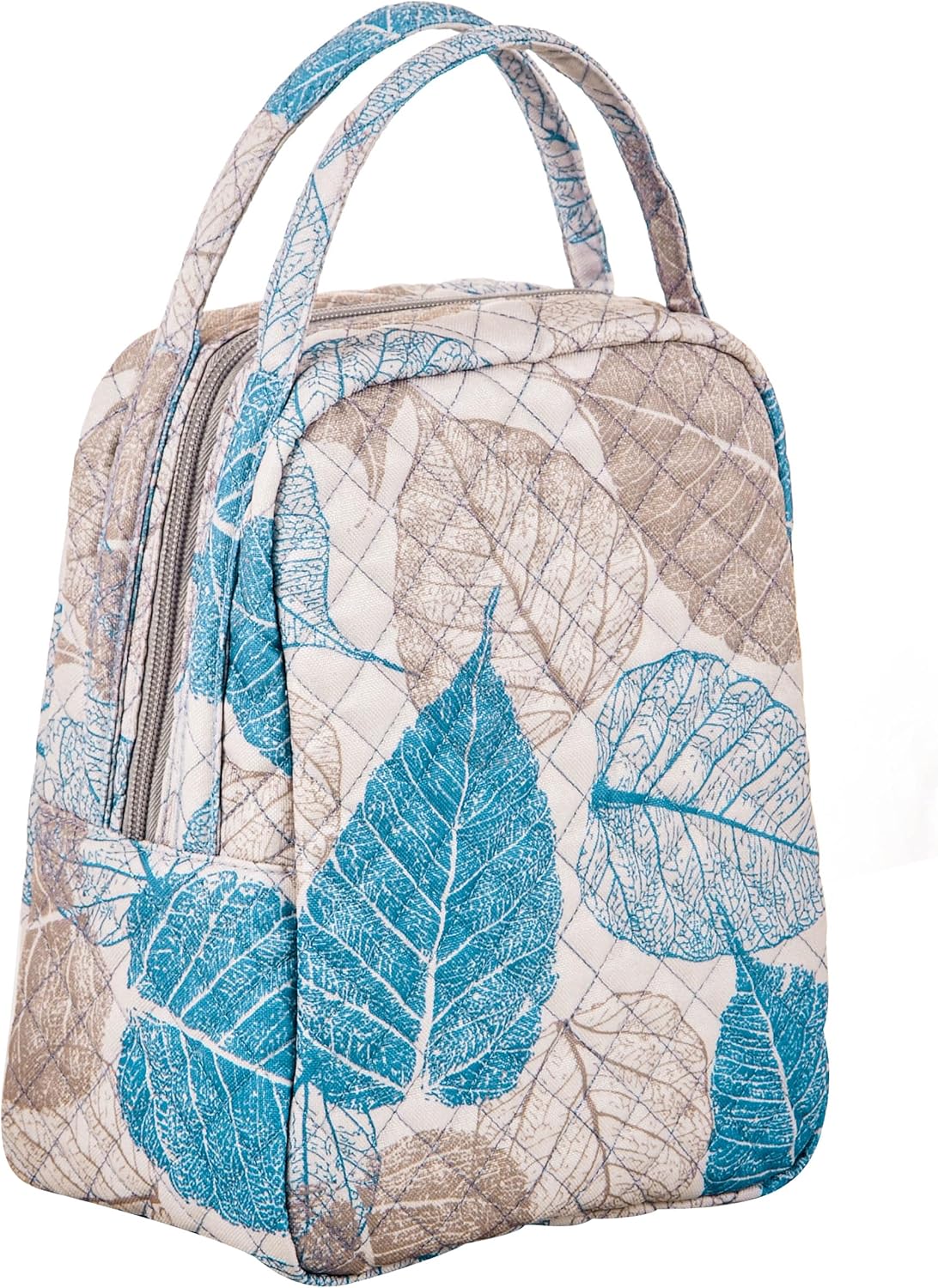 Large Quilted Fabric Cotton Reusable Inusulated Lunch Tote Bag Cooler Snack Bag Women Pretty Thermal Lunch box Storage Gift Bag for Work & Outdoor (Leaves)