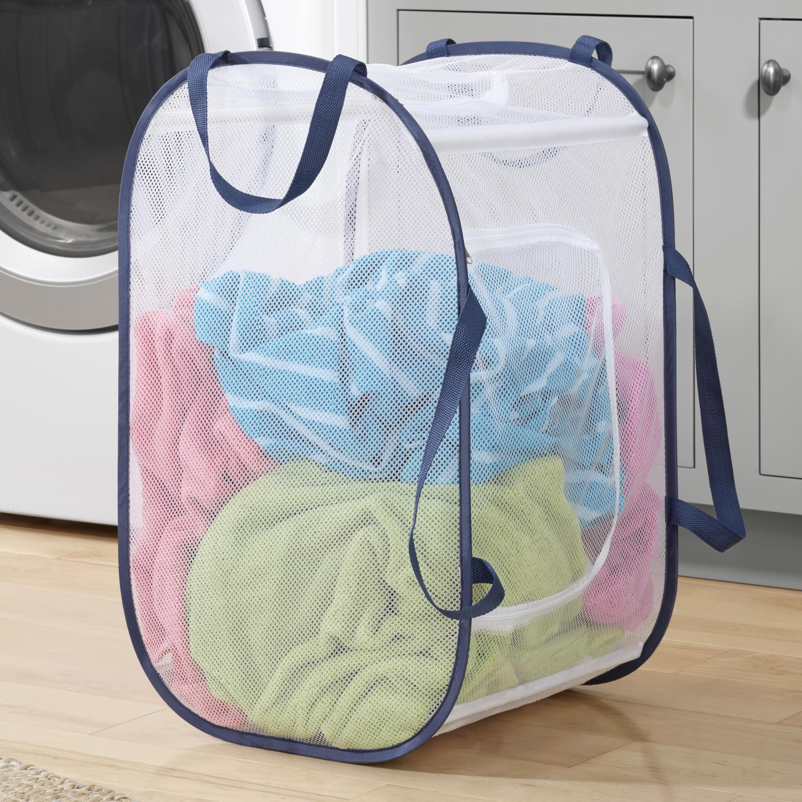 Panier pliable en tissu bleu et blanc pour organiser la chambre de bébé ou le salon