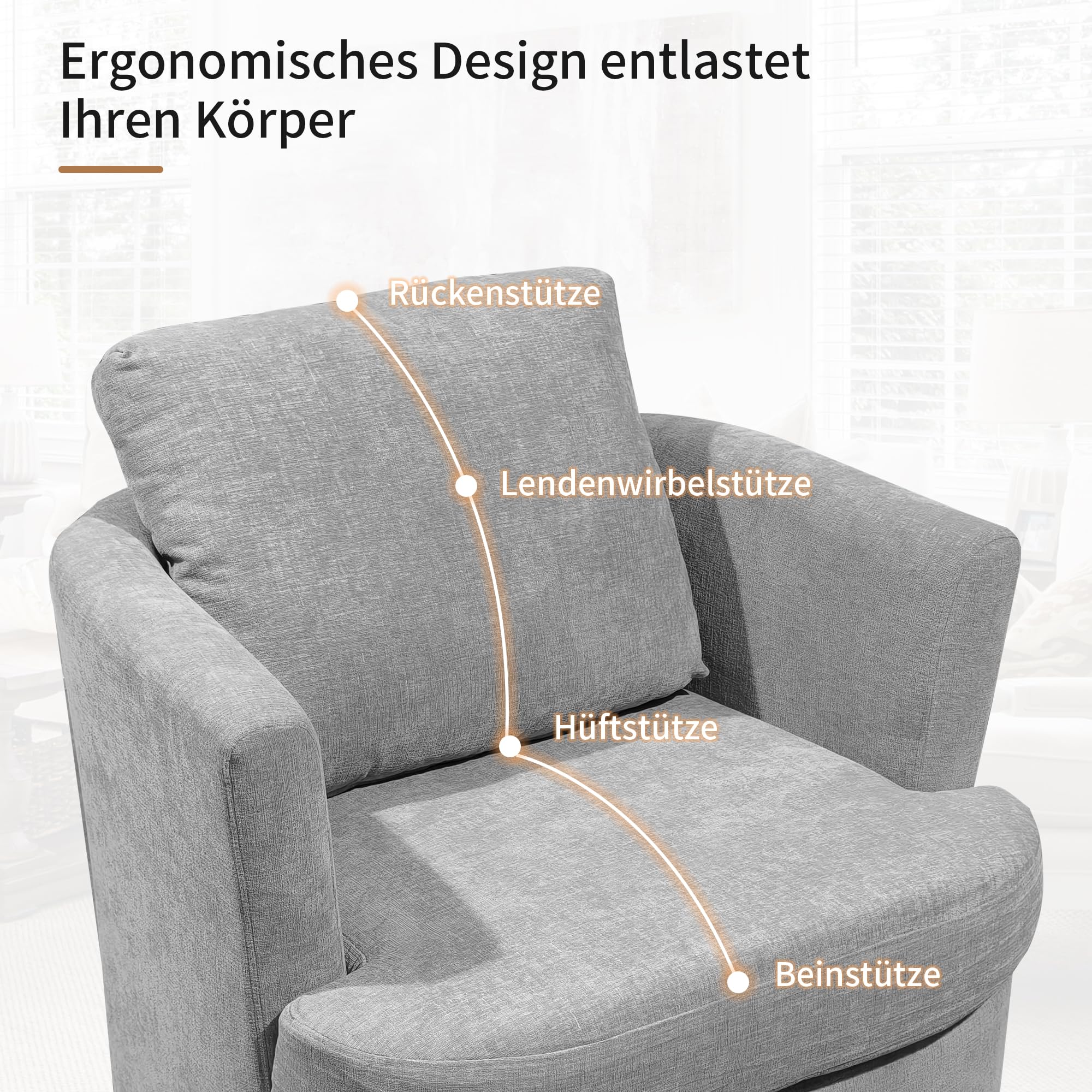 BonVache Drehsessel, Chenille Sessel, 360° schwenkbar, mit U-förmiger Rückenlehne und gepolsterter Sitzfläche, geeignet für Wohnzimmer, Schlafzimmer und Büro,Grau