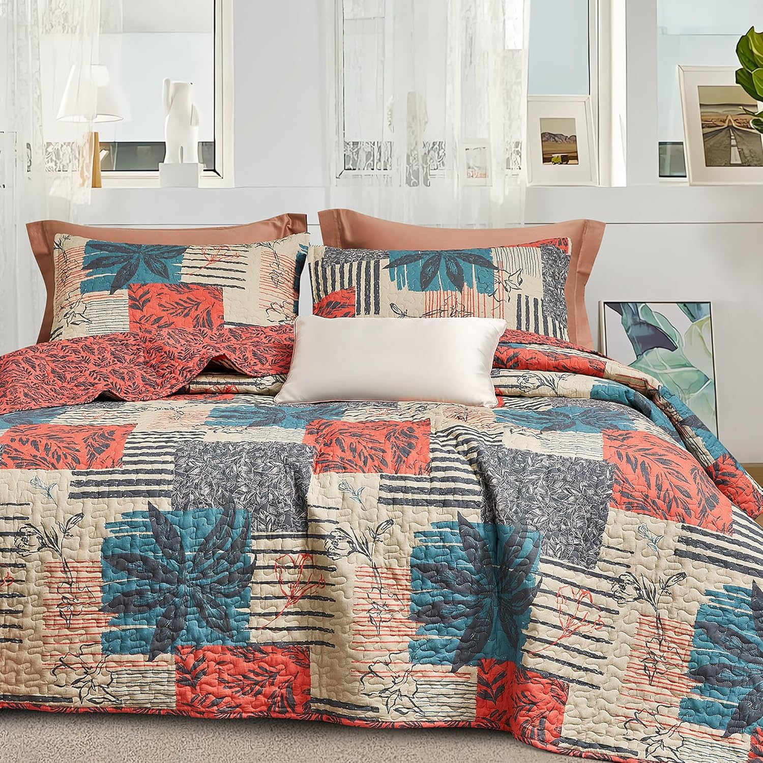 SLEEPBELLA Orange Patchwork Cotton Quilt 3Pcs, Reversible Leaves & Stripes Pritend on White, Luxury Lightweight Coverlet Sets for All Season(Queen 90x96, Red Leaves) Queen(90" x 96") Red Leaves