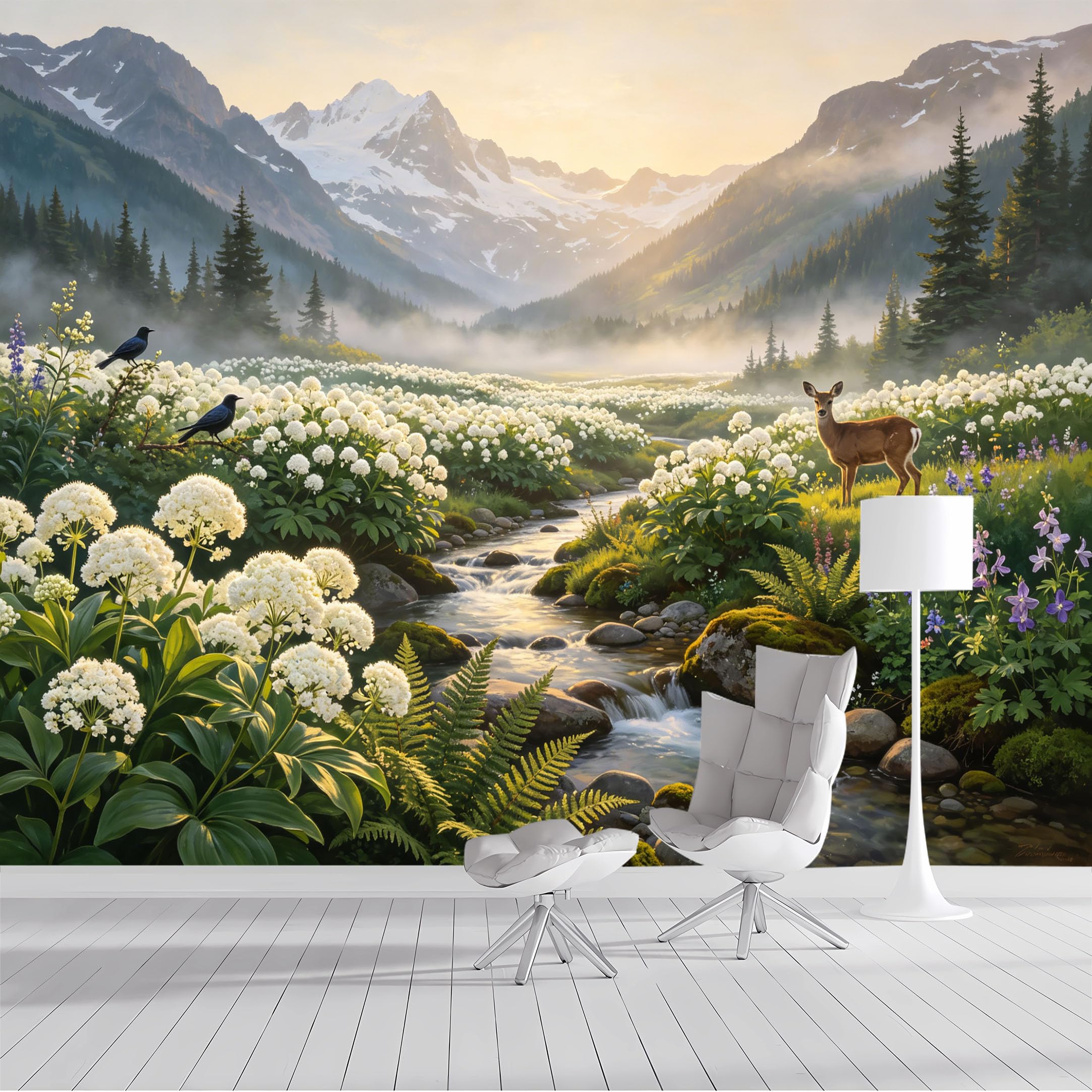 Custom Size Wall Mural Misty Mountain Landscape with Deer and Wildflowers Realistic Watercolor SelfAdhesive Wall Fabric Removable Peel and Stick Wallpaper for Living Room Bedroom Bathroom