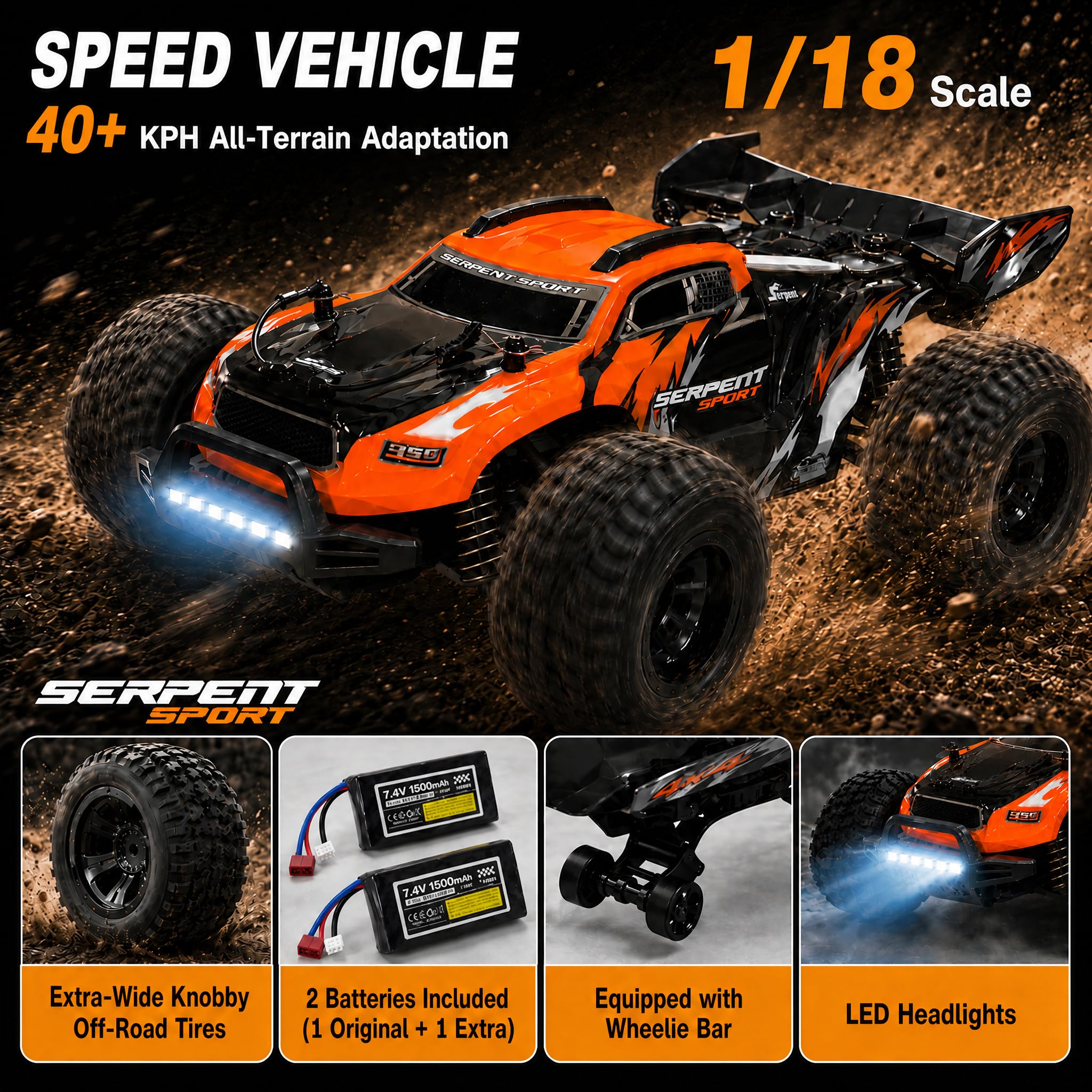 Serpent 1/18 4WD Offroad-Truck,Hochgeschwindigkeits-RC-Auto bis 40 km/h | 1:18 Allgelände-RC-Fahrzeug mit 2,4-GHz-Fernsteuerung, wasserdichter 4x4 Offroad-Truck mit 2 wiederaufladbaren Akkus