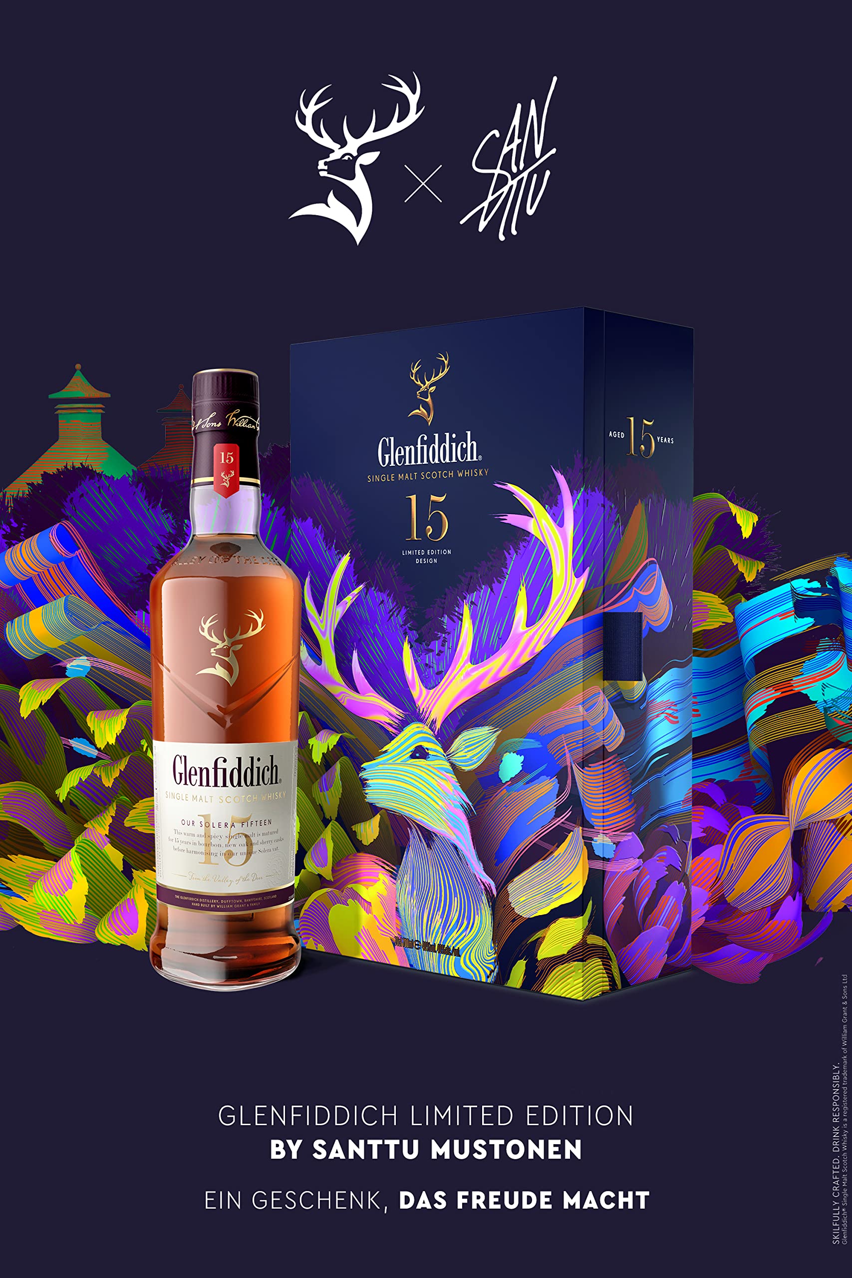 Glenfiddich 15 Jahre Single Malt Scotch Whisky Santtu Geschenkset mit Flachmann, 70cl