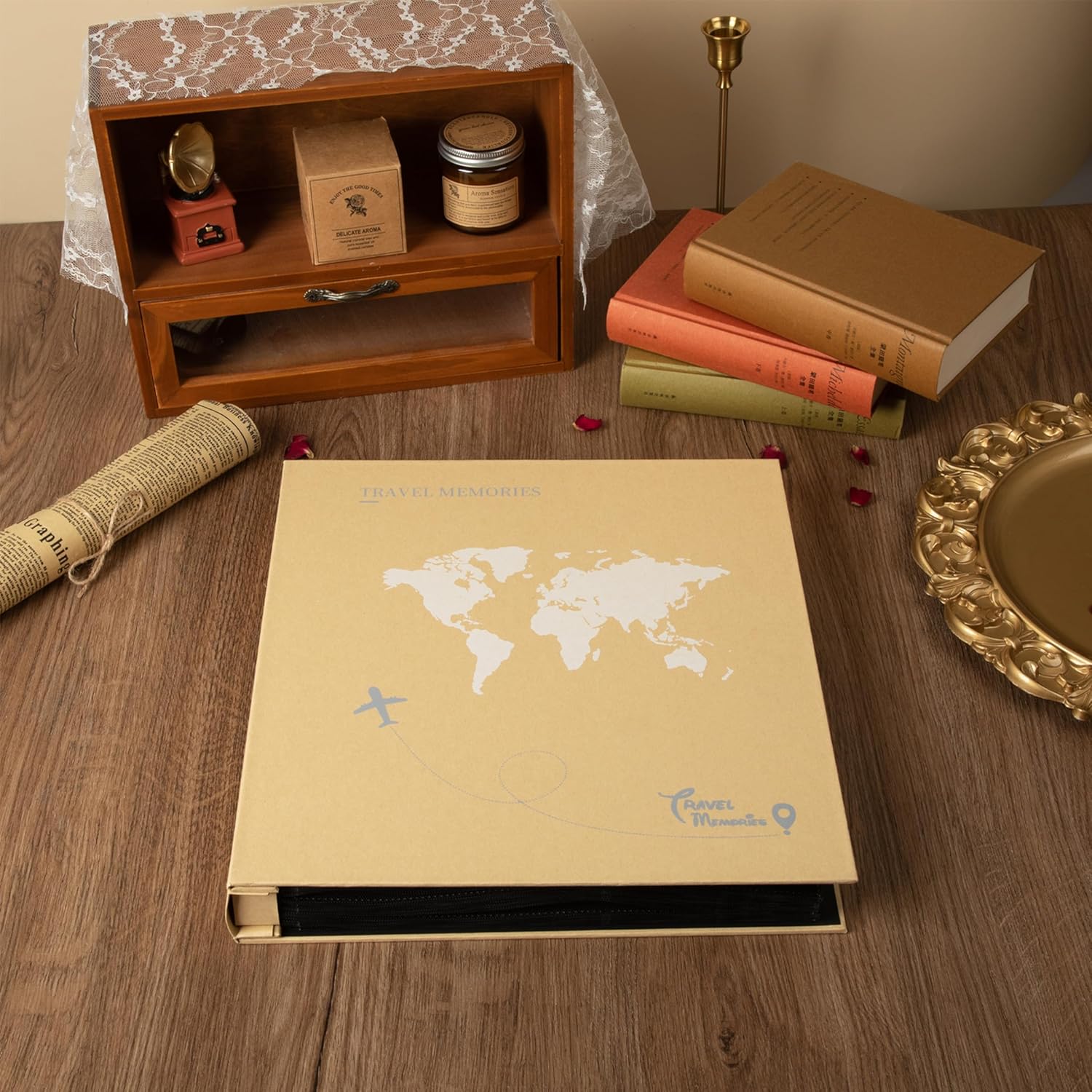 Travel Photo Album 4x6 500 Photos 5 Pictures Per Page, 500 Pockets, Refined Kraft Paper Cover Vacation Photo Album Travel Design World Map Adventure