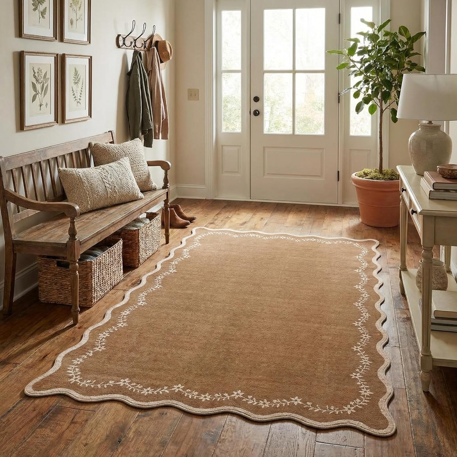 garveehome 3x5 scalloped washable area rug for bedroom,soft solid brown entryway rug farmhouse kitchen mat non slip low pile carpet stain resistant throw rug for bedside kids room office dining room brown 3' x 5' (rectangular)