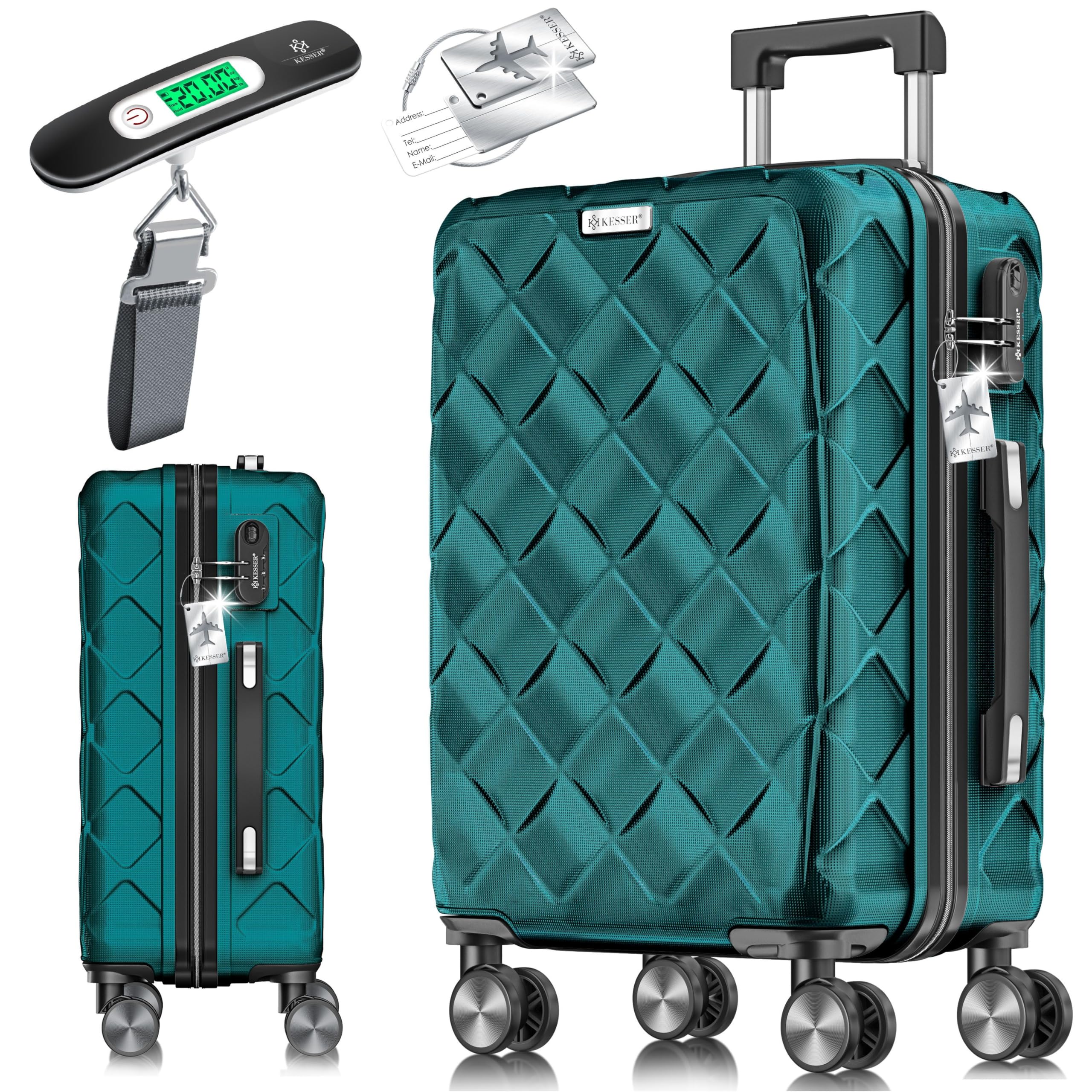 KESSER Valigia da viaggio in ABS rigida con serratura a combinazione, bilancia e portafoglio da viaggio con ruote a 360°, valigetta per business e viaggio, Petrol Teal, 75cm - 120L, Classico