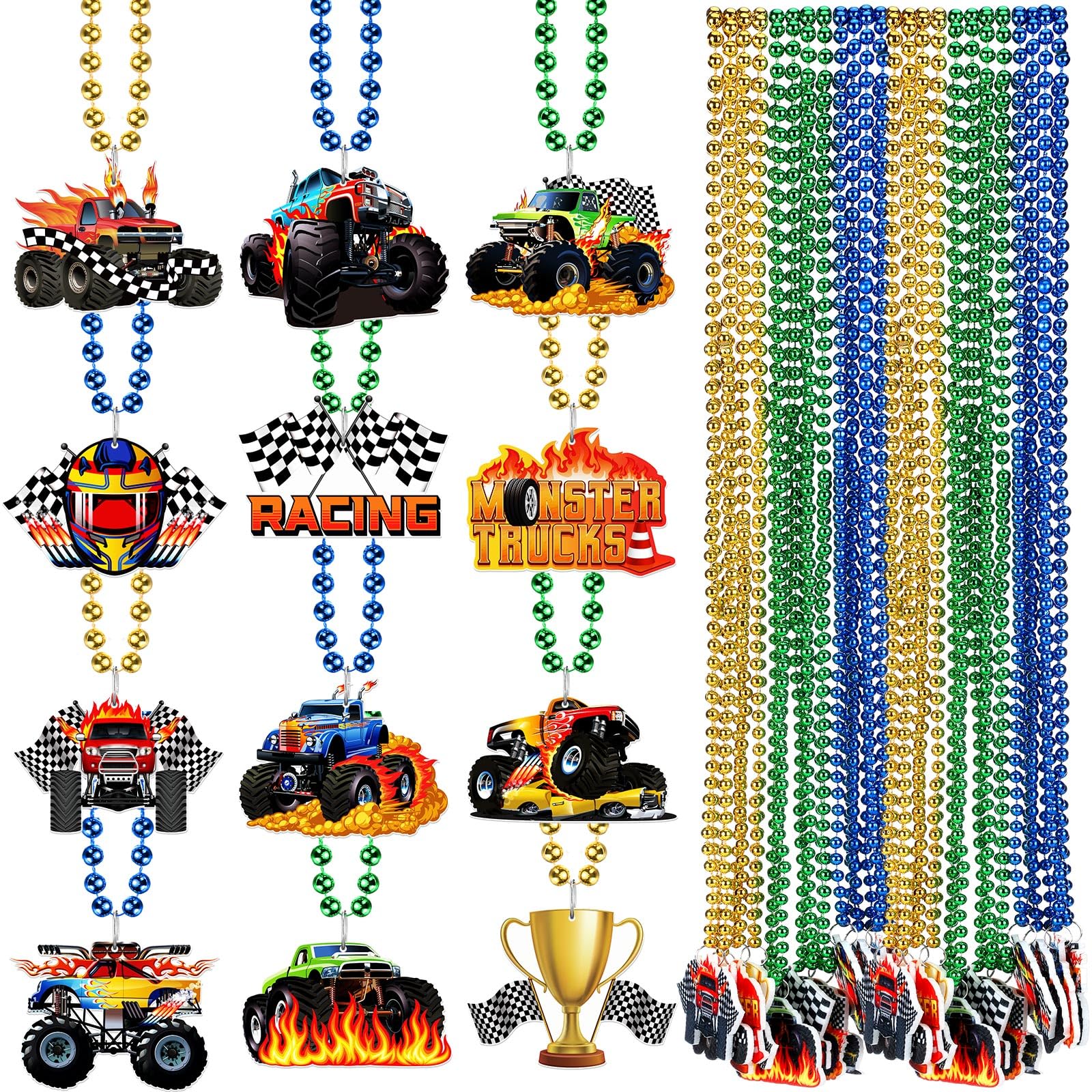 Halloscume 36 Pcs Monster Truck Felt Beaded Necklaces Bulk 12 Types Monster Car Birthday Party Decorations for Truck Theme Race Car Birthday Party Favor Goodie Bag Stuffers Gifts