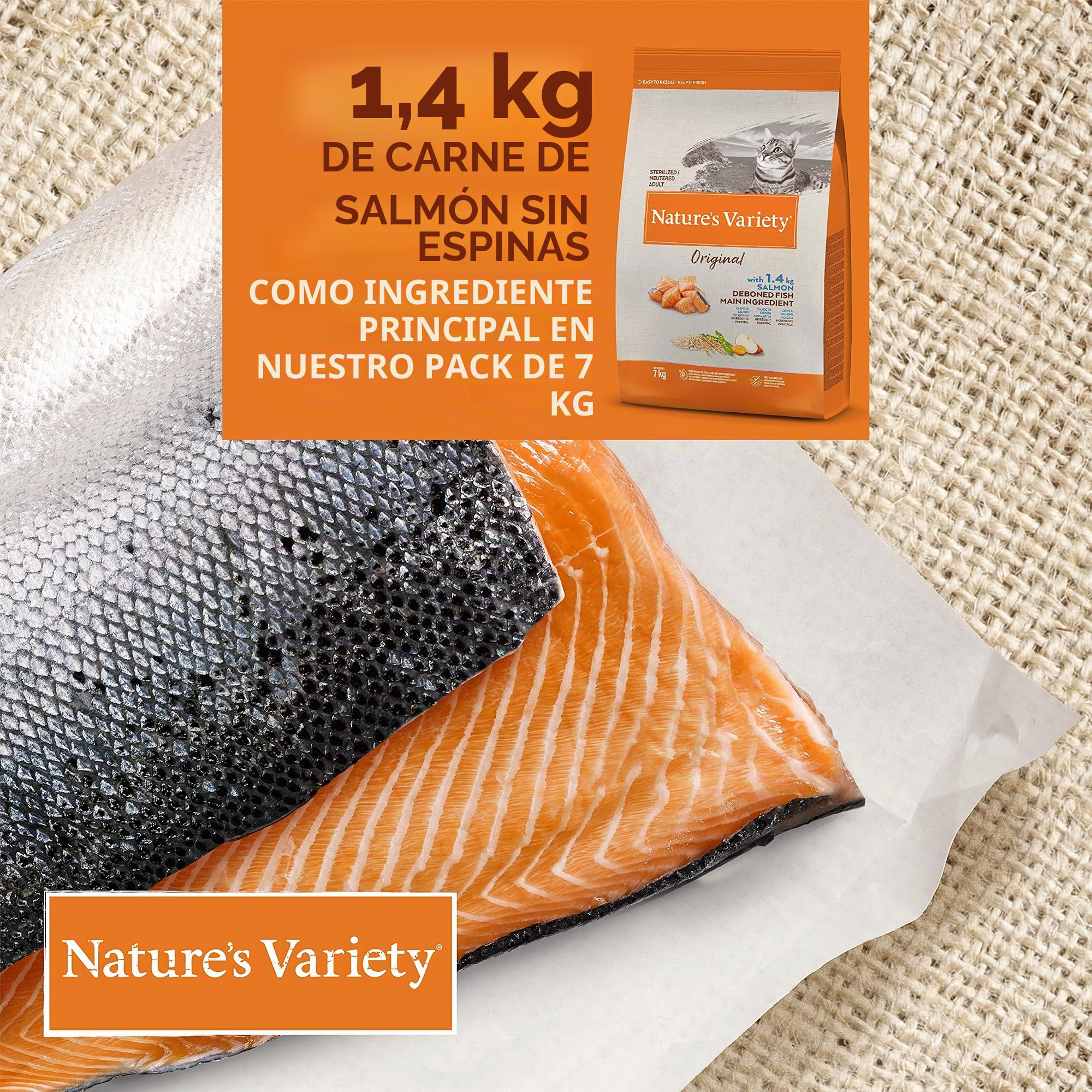 Nature's Variety Original, Pienso para Gatos Adultos con Pollo Deshuesado, 7kg & Original, Pienso para Gatos Adultos Esterilizados con Salmón sin Espinas, 7kg