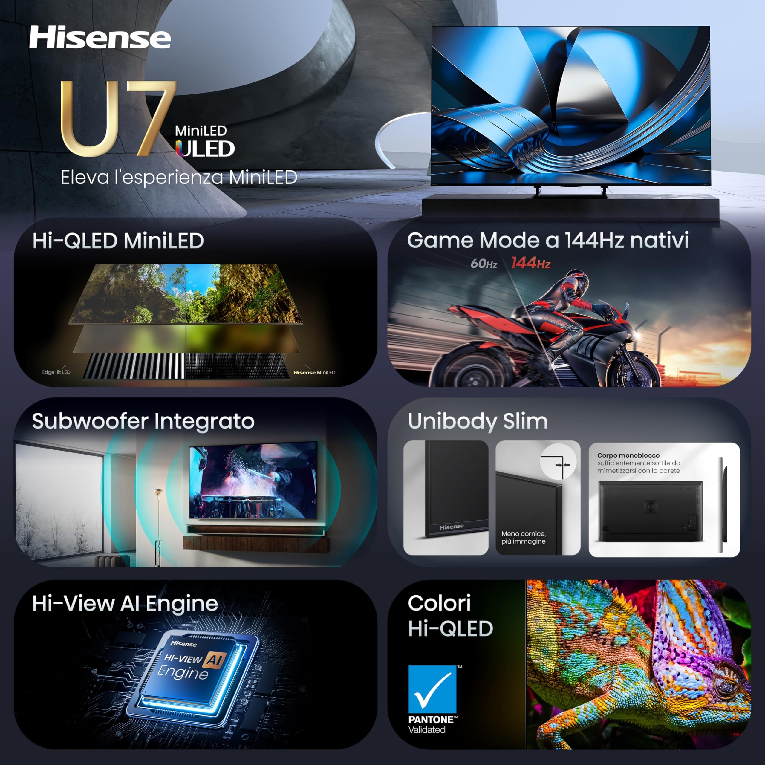 Hisense Smart TV MiniLED 55" 4K TV 55U7SE | Dolby Atmos 2.1 By Devialet, Dolby Vision IQ, HDR10+, VIDAA OS, Alexa, lativù 4K, Wifi, BT, Airplay2, 2026 Model