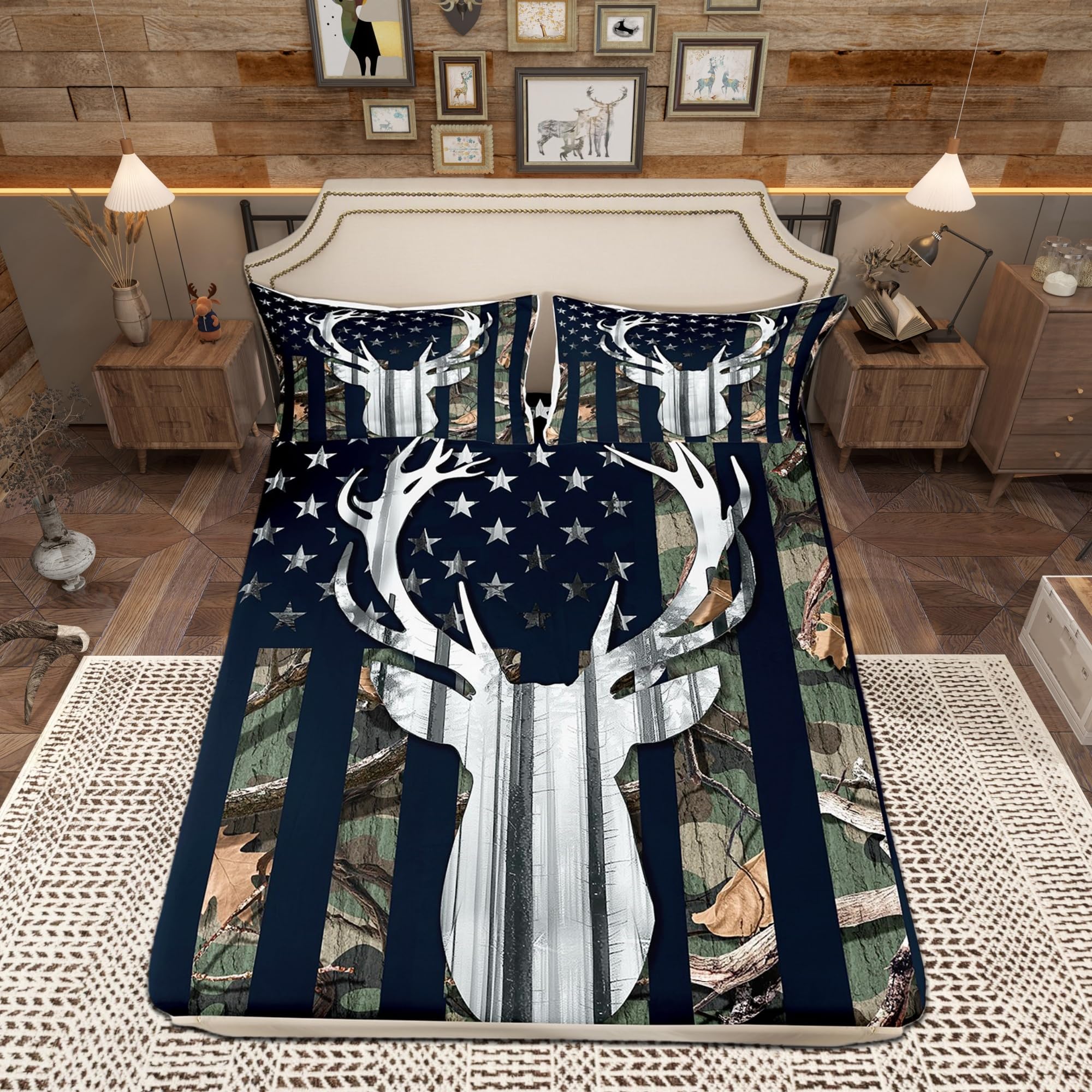 Camouflage USA Flag Fitted Sheet,Green Camo Grey Deer Antlers and Trees All-Round Elastic Deep Pocket Bedding Set for Kids Boys Room,American Flag