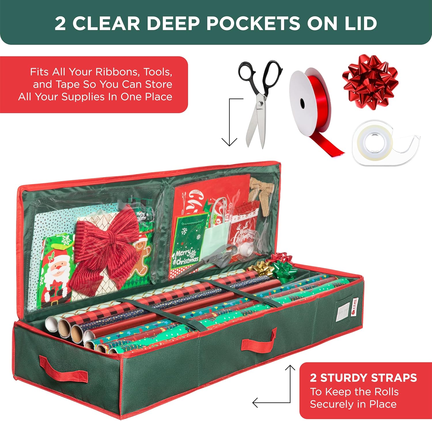HOLDN’ STORAGE Premium Wrapping Paper Storage Container - Durable 600D Tear-Proof, Fits 27 Rolls Gift Wrap, Extra Pockets for Ribbons & Bows, Underbed Storage - Ideal for Holiday Christmas, Green